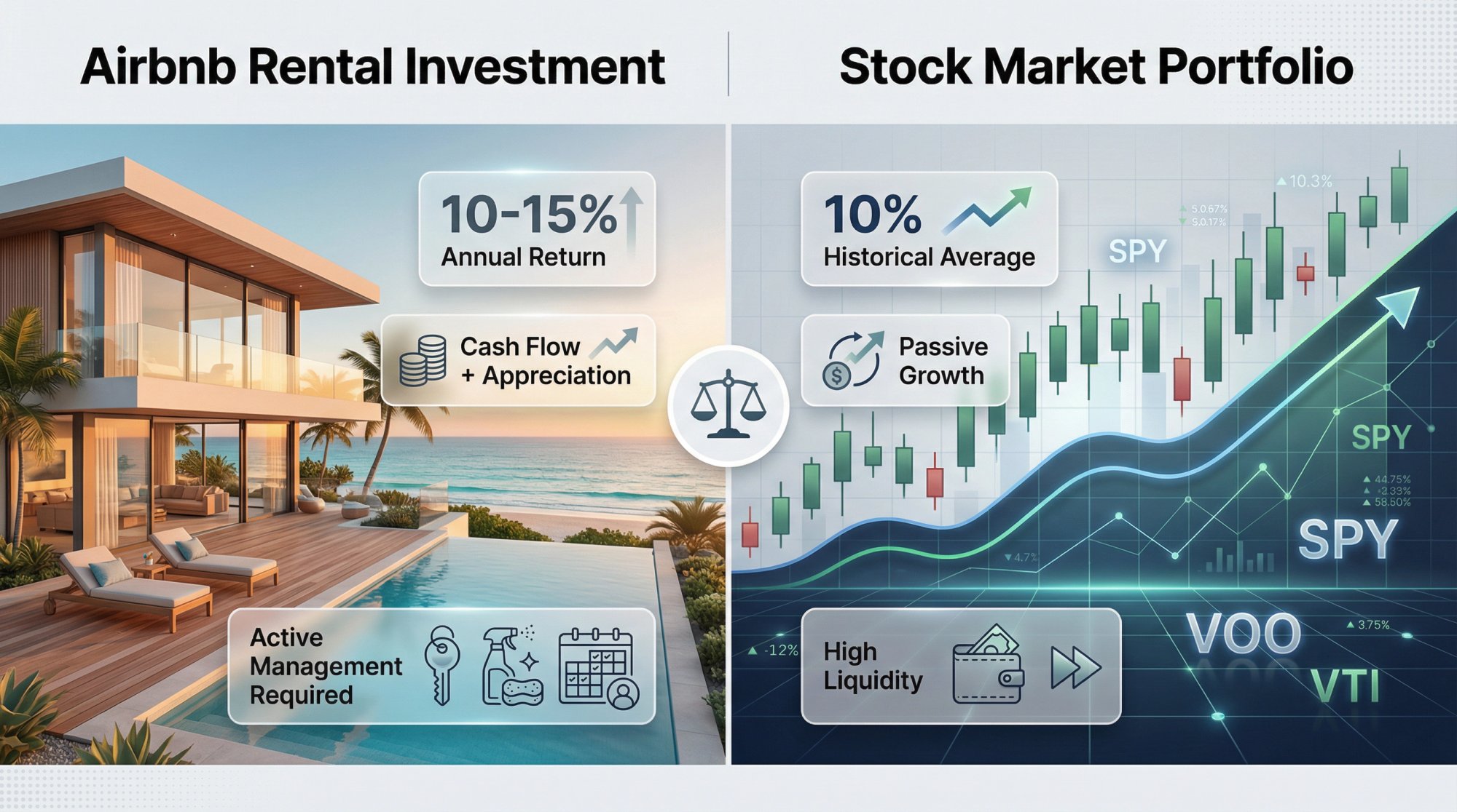 Split-screen comparison of Airbnb rental property investment versus stock market portfolio growth