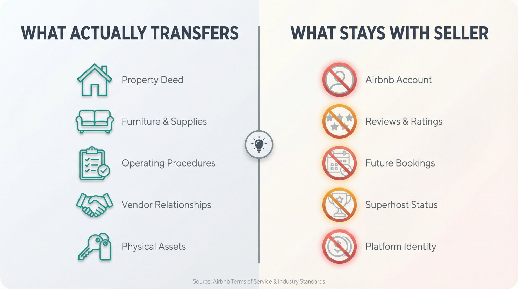 Split-screen comparison showing turnkey Airbnb reality: property and furniture transfer, while reviews and account stay behind