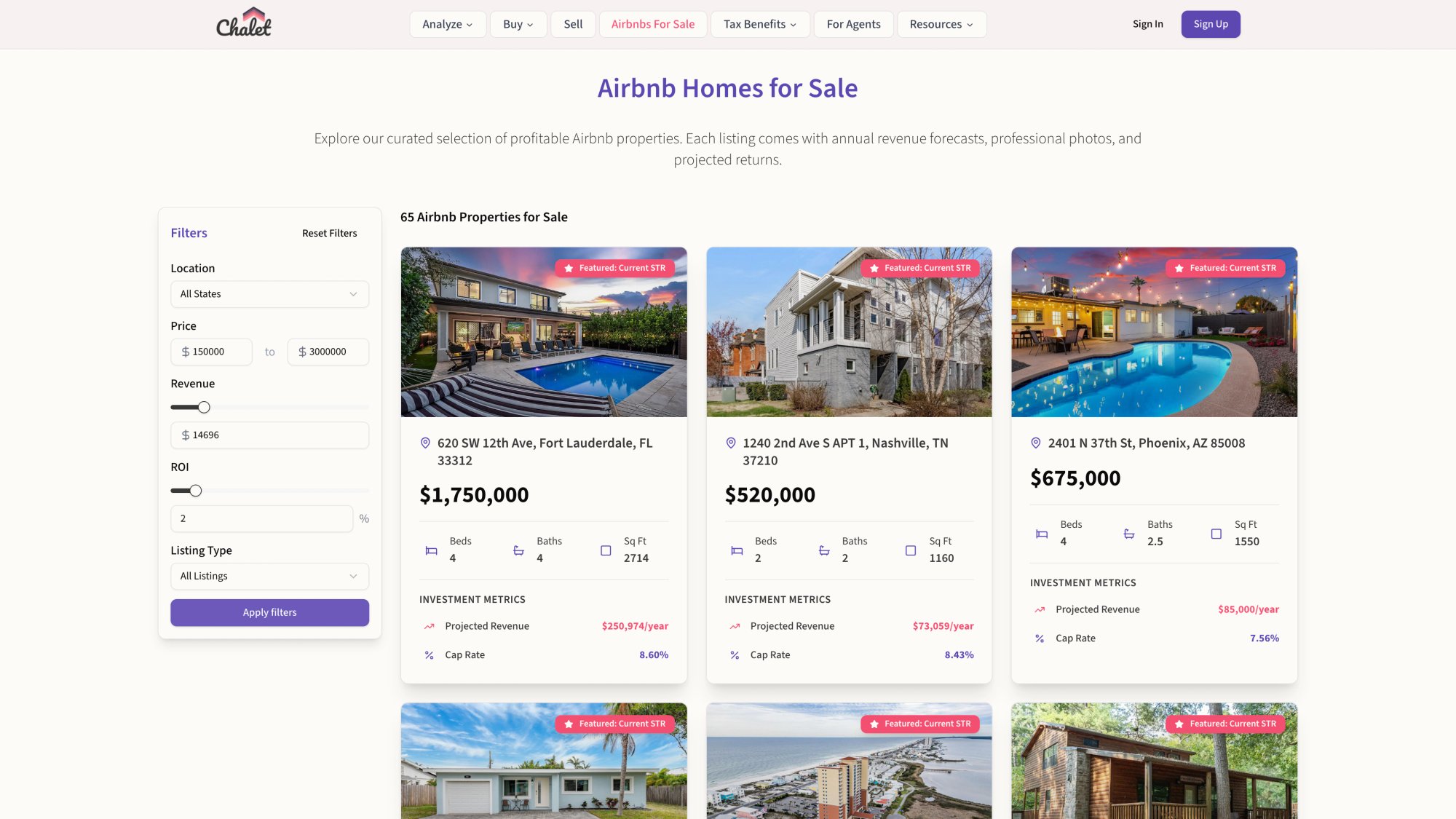 Chalet marketplace showing active Airbnb properties for sale with performance metrics, photos, and investment details