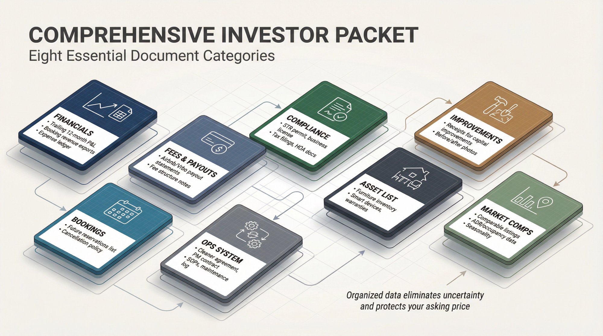 Organized investor packet system showing eight key document folders for selling an unprofitable Airbnb property