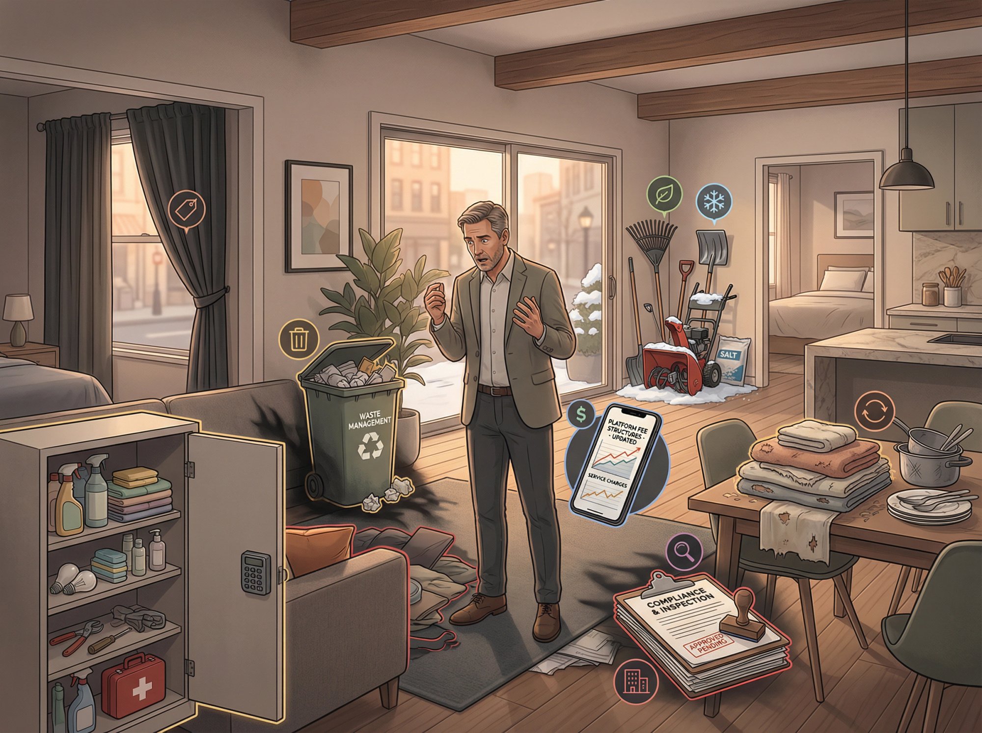 Airbnb host discovering unexpected hidden costs: blackout curtains, storage closets, trash services, yard maintenance, item replacements, license renewals, and platform fees emerging from a property