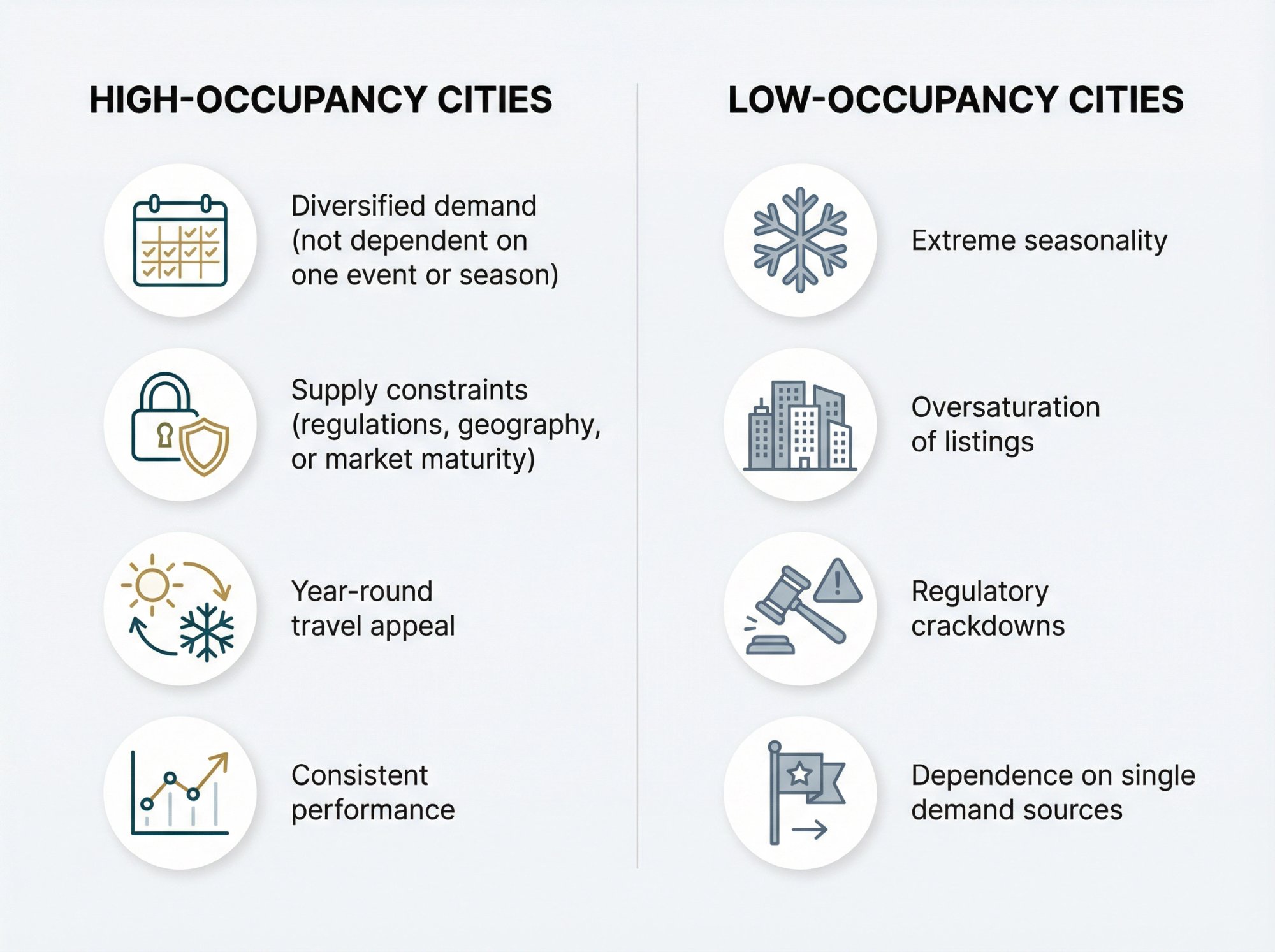 Visual comparison of high-occupancy vs low-occupancy Airbnb market characteristics