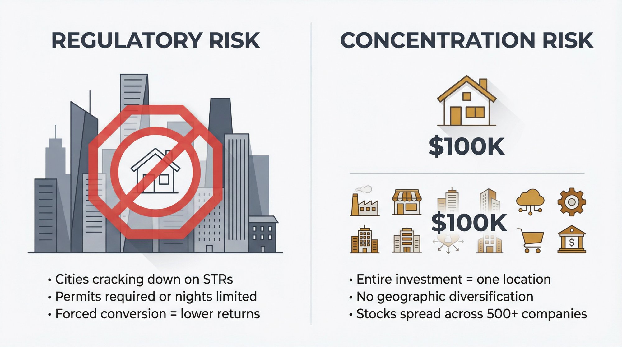 Dual-panel comparison showing regulatory risk (city permit restrictions) and concentration risk (single property vs diversified portfolio)