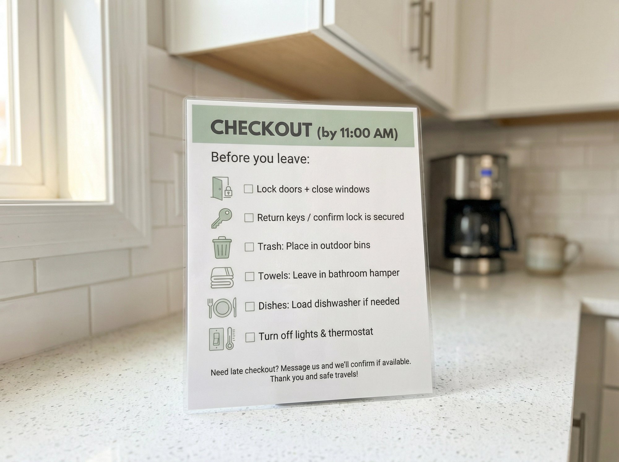 Modern laminated checkout card with checkboxes for trash, dishes, towels, and cleanup tasks on a modern kitchen counter
