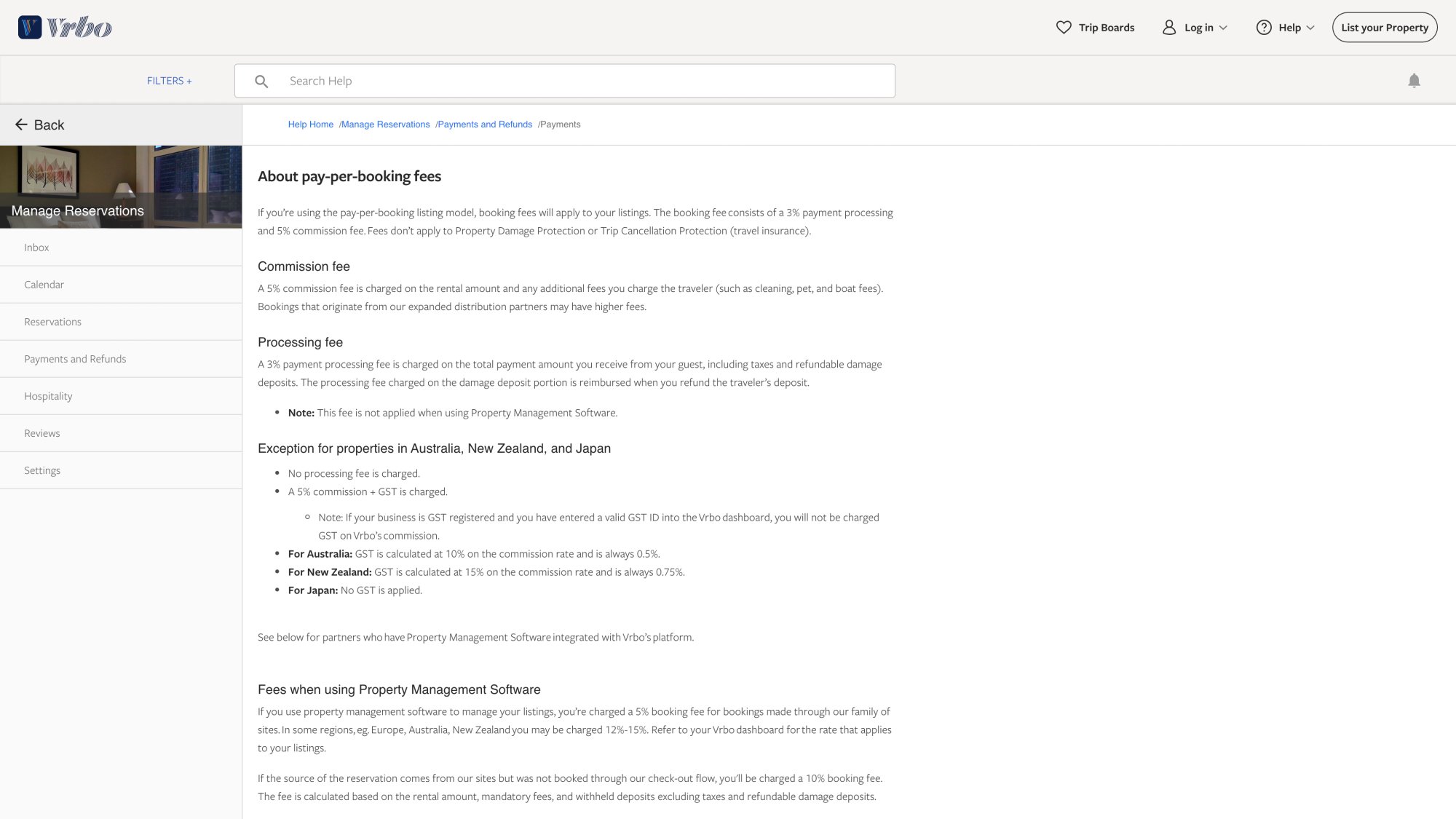 Vrbo Help Center article explaining booking fee calculation including 5% commission and 3% payment processing breakdown