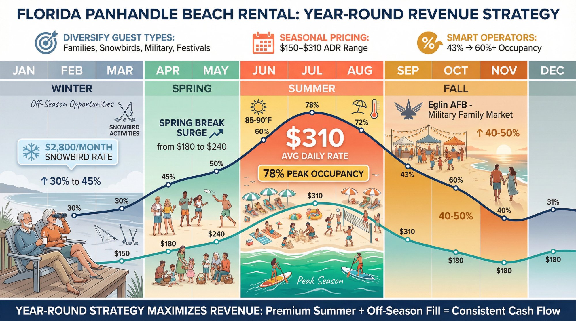 Seasonal rental strategy calendar for Fort Walton Beach showing peak summer vs off-season opportunities