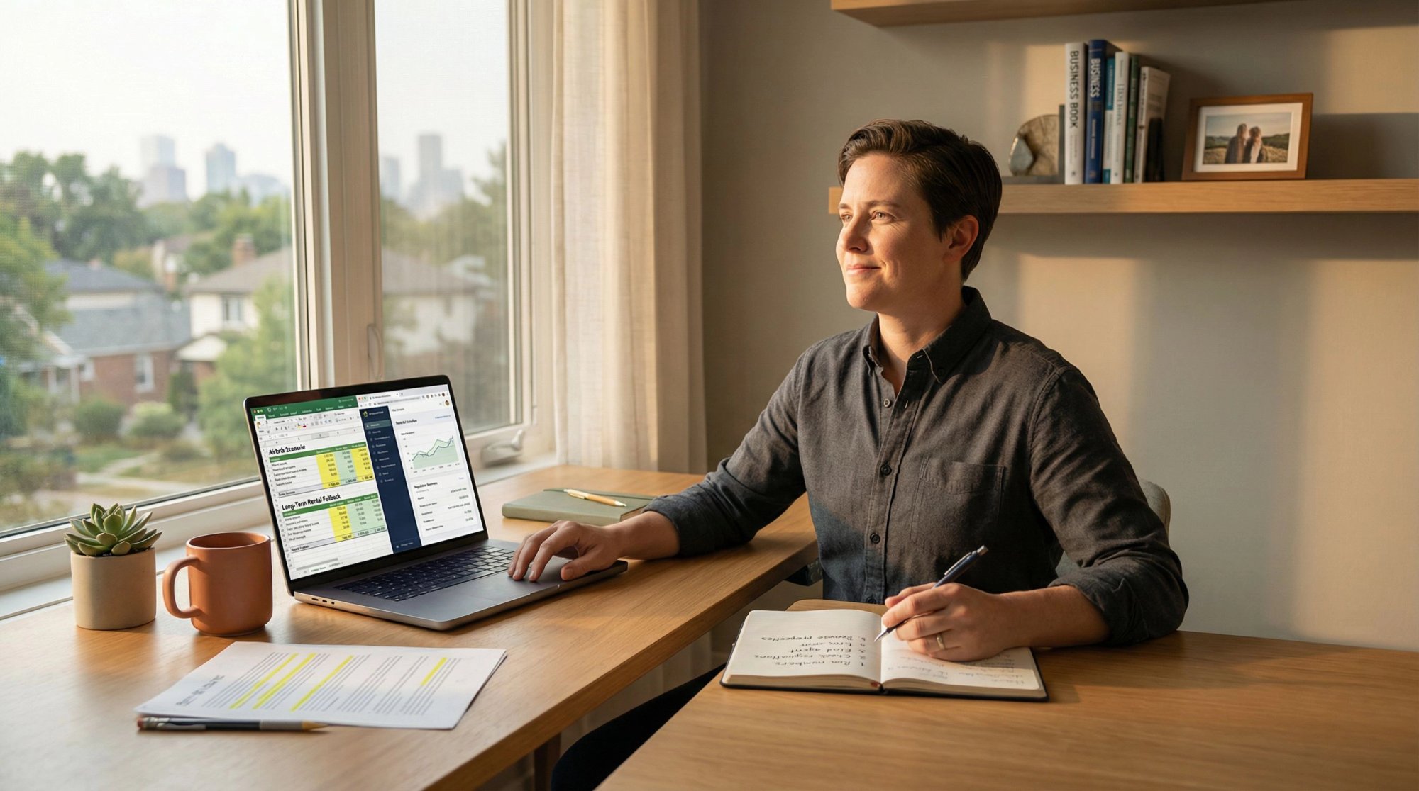 Professional investor confidently analyzing HOA property deal with dual-scenario financial models and expert network resources