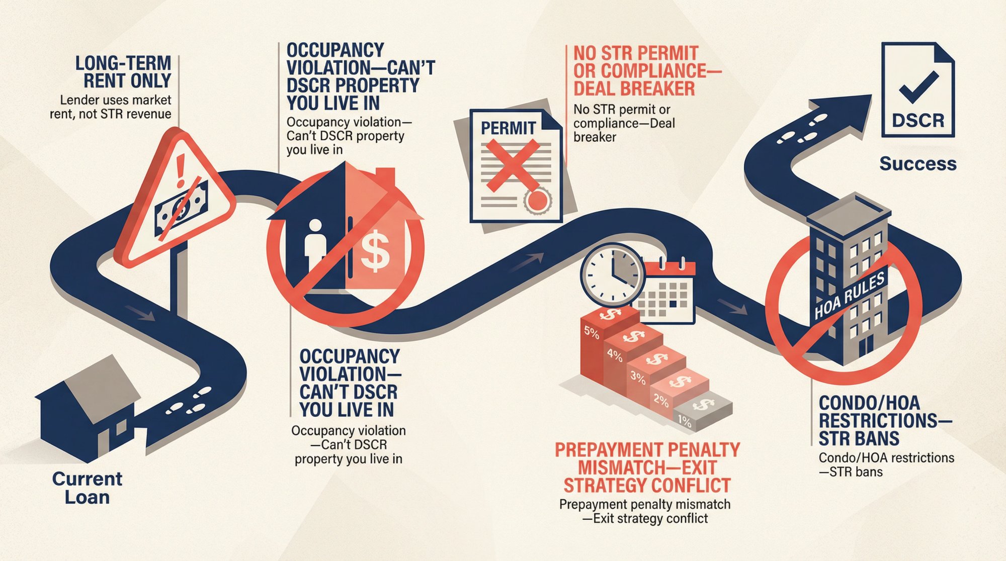 Five critical mistakes that derail DSCR refinances for Airbnb investors, illustrated as warning signs