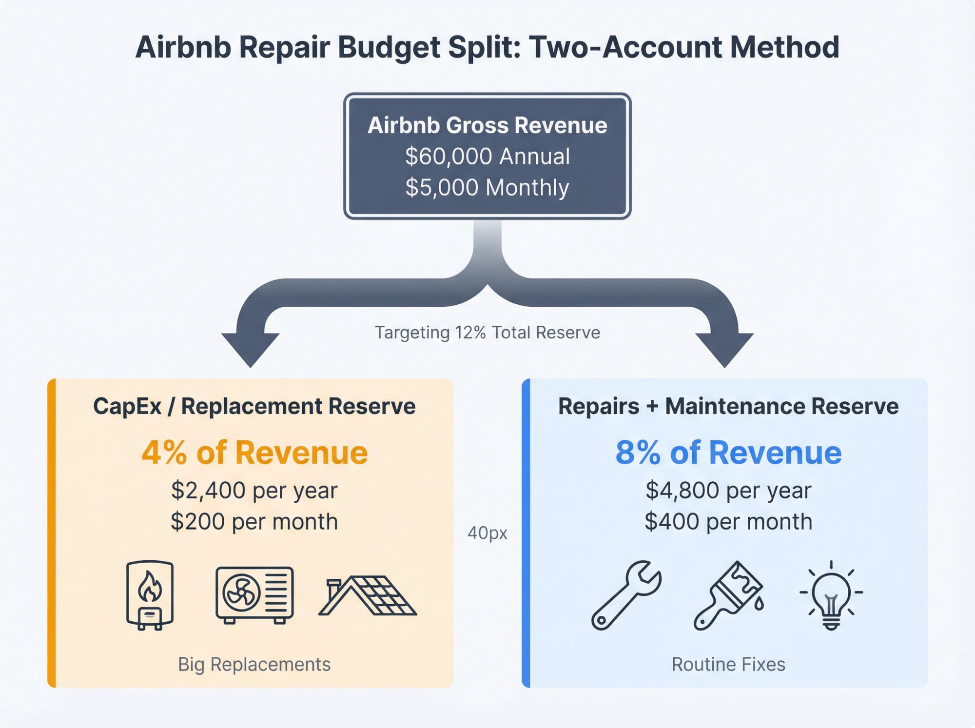 Two-account Airbnb repair budget split showing 4% CapEx reserve and 6-11% maintenance reserve from gross revenue