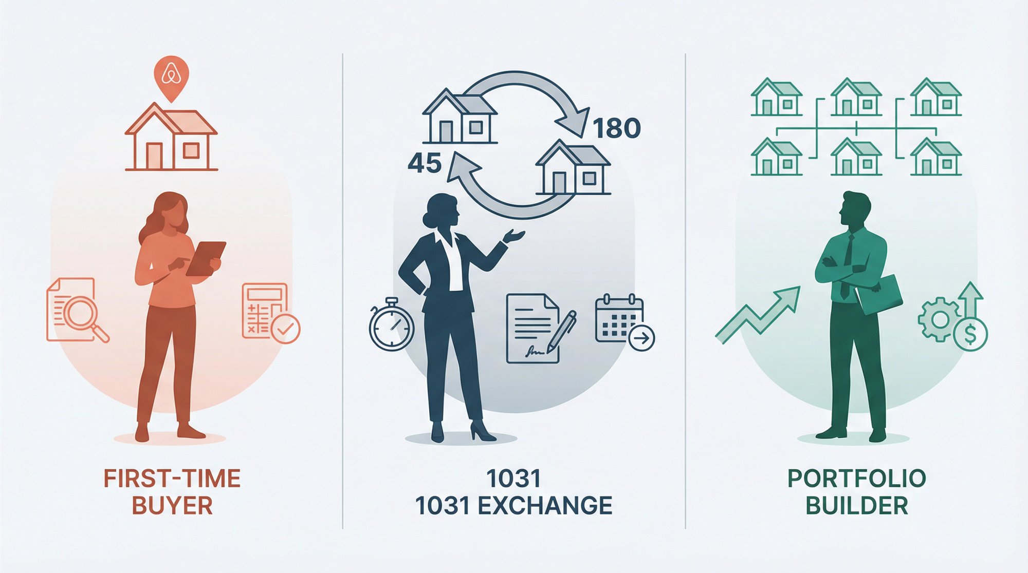Three distinct STR investor personas: first-time buyers, 1031 exchange investors, and portfolio builders