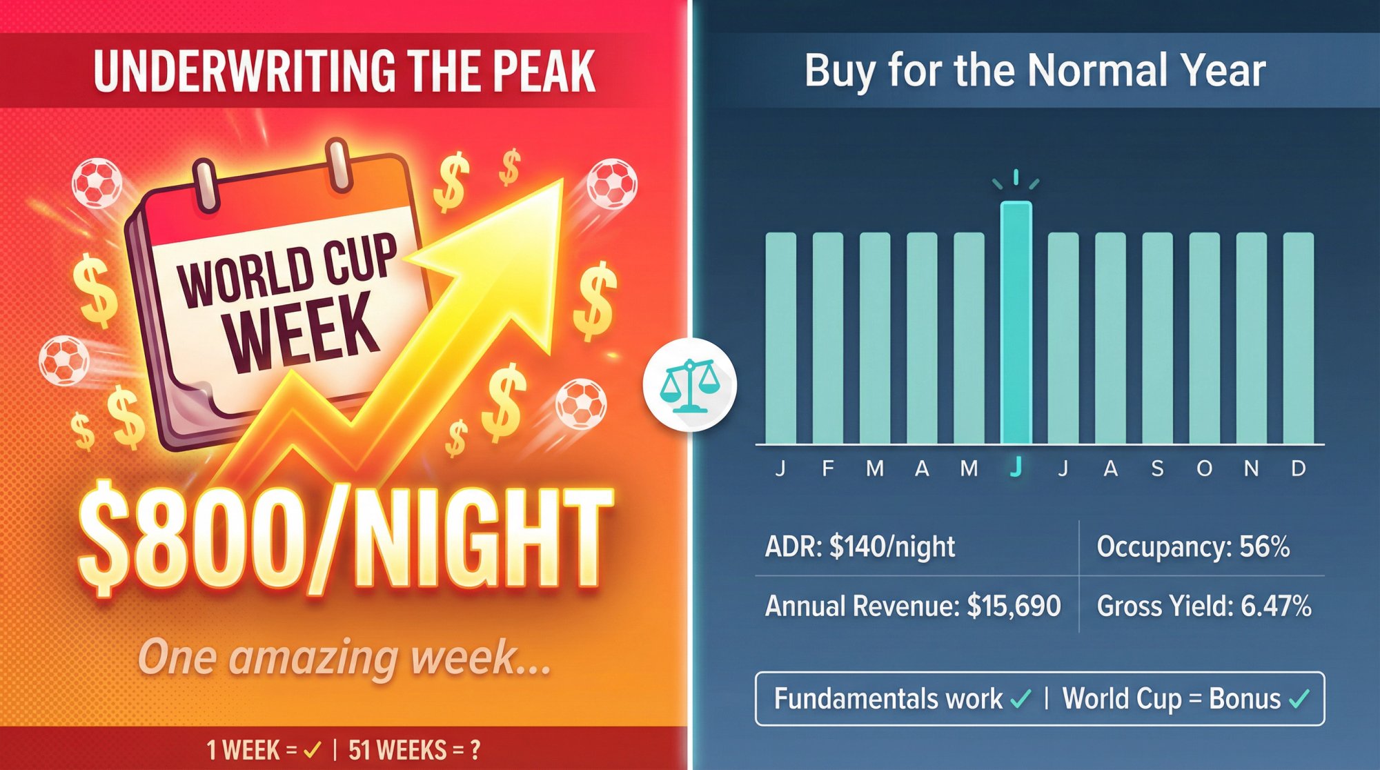 Conceptual split-screen comparison showing event-week hype versus normal-year fundamentals for World Cup STR investing