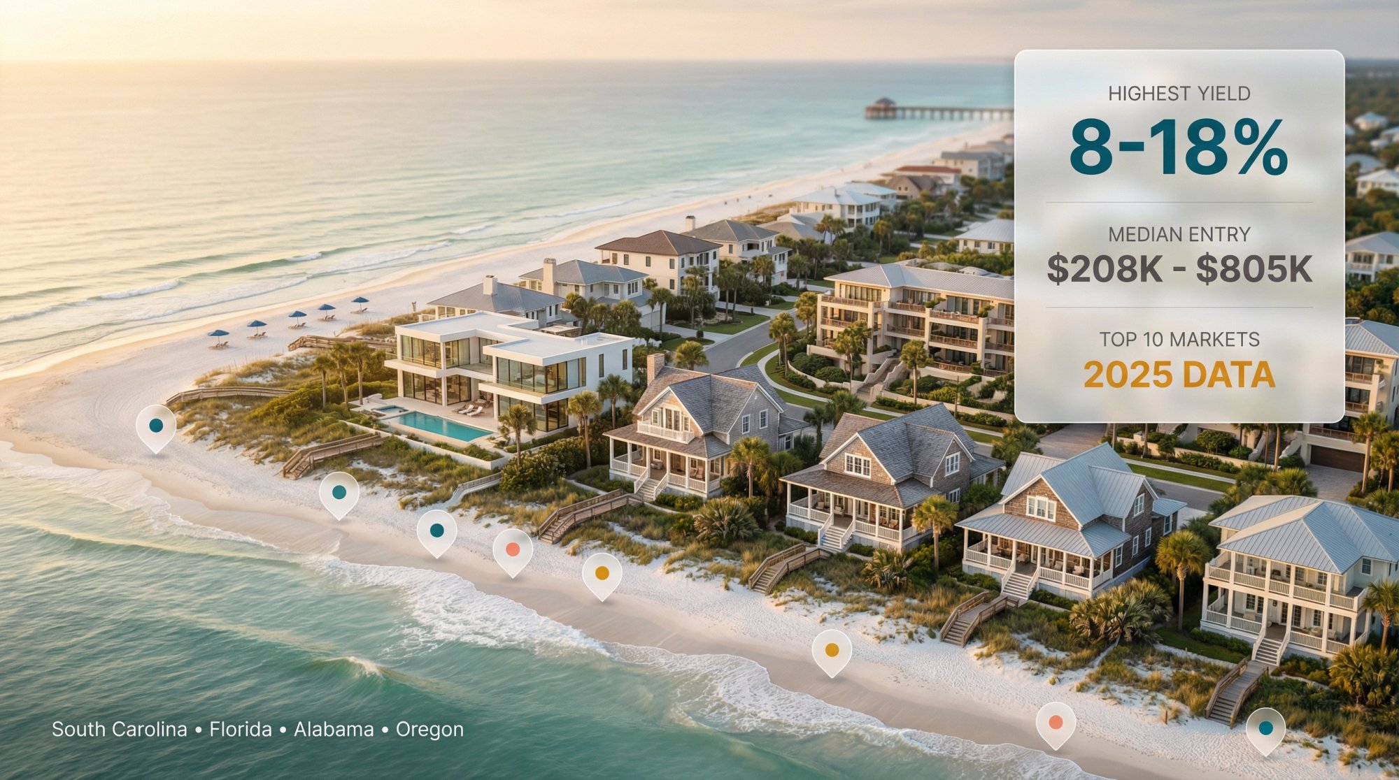Aerial view of coastal beach properties with investment yield data overlay showing top performing markets