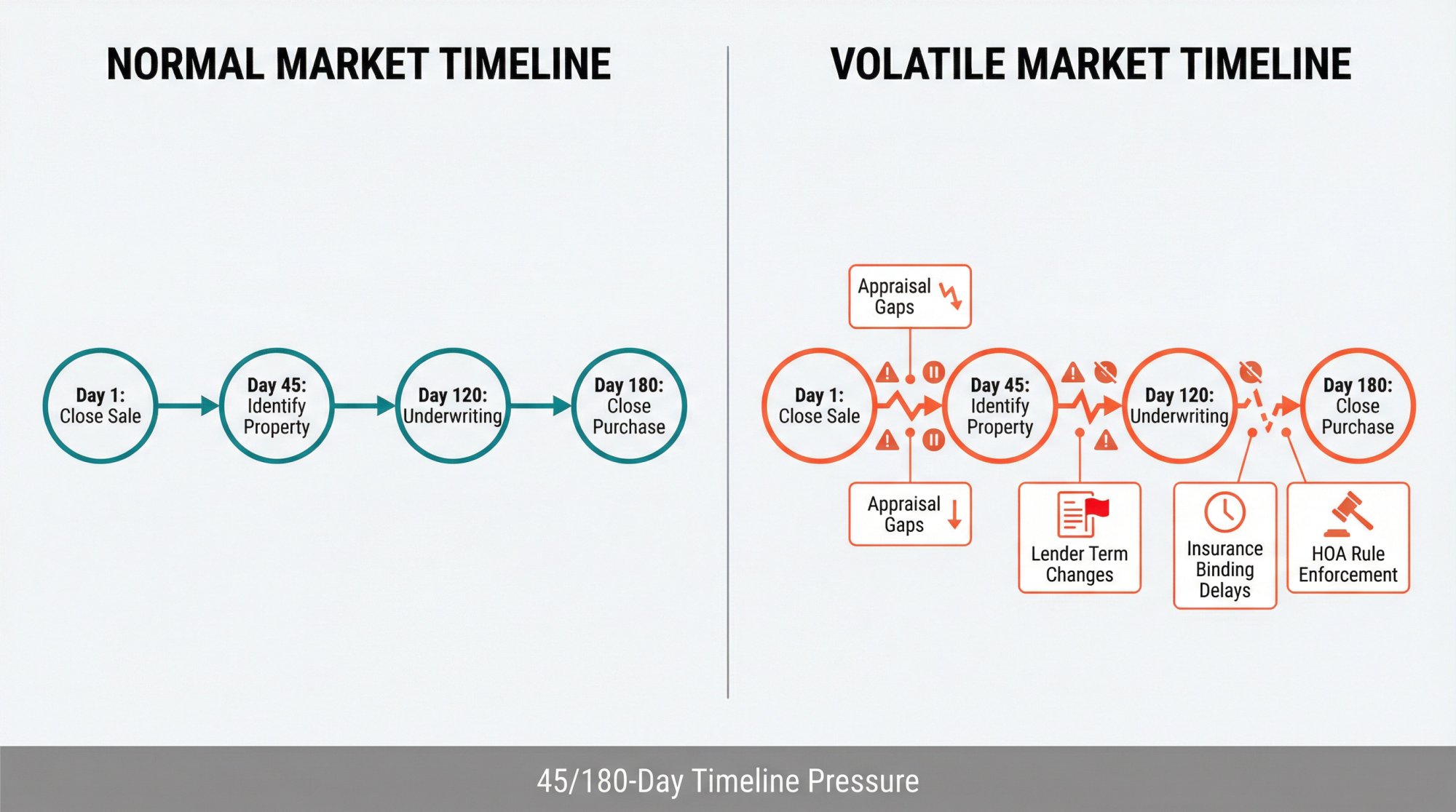 Split-panel infographic comparing smooth 1031 exchange timeline vs volatile-period timeline with execution friction points