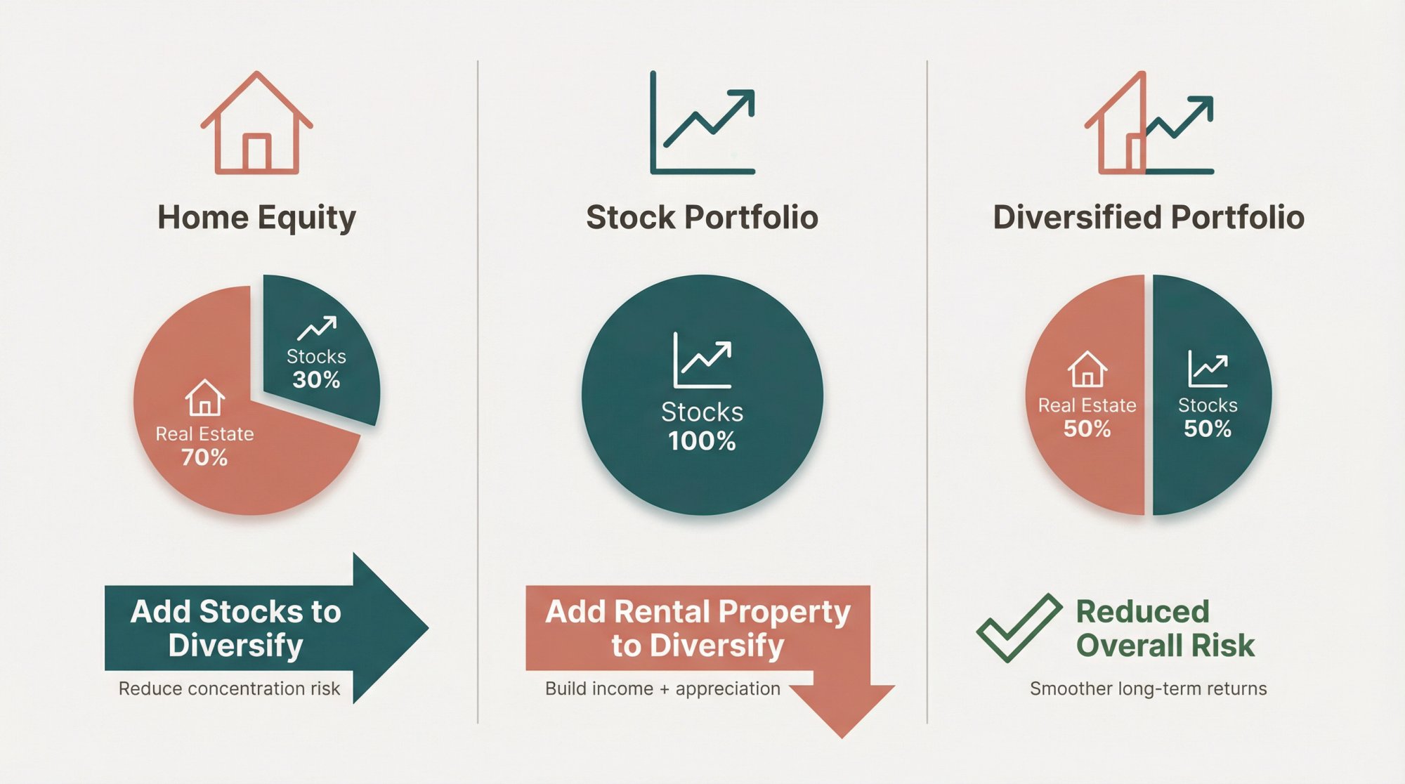 Three portfolio diversification scenarios comparing home ownership plus stocks versus concentrated stock holdings versus balanced real estate and stock investments