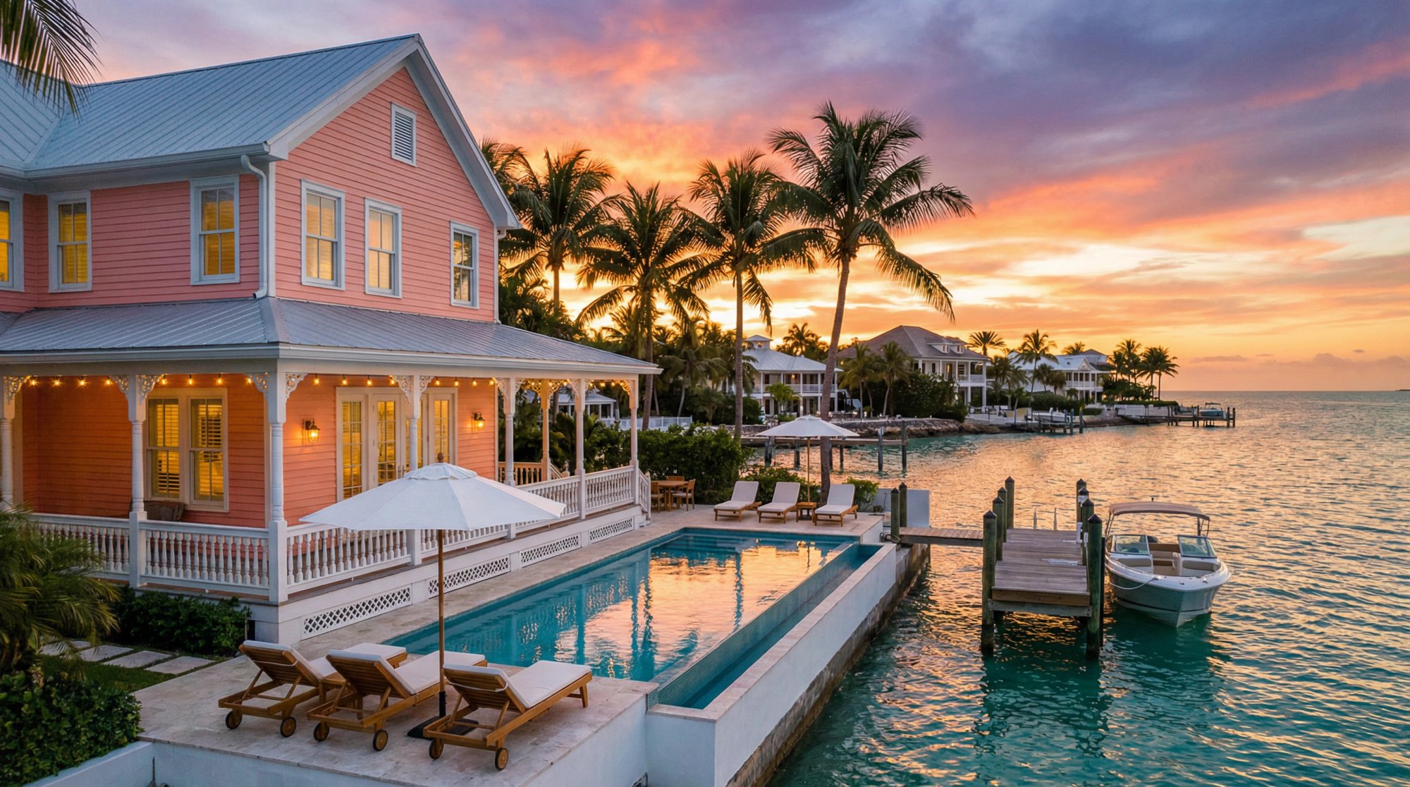 Key West luxury waterfront property at sunset with iconic pastel architecture commanding $220K+ annual revenue