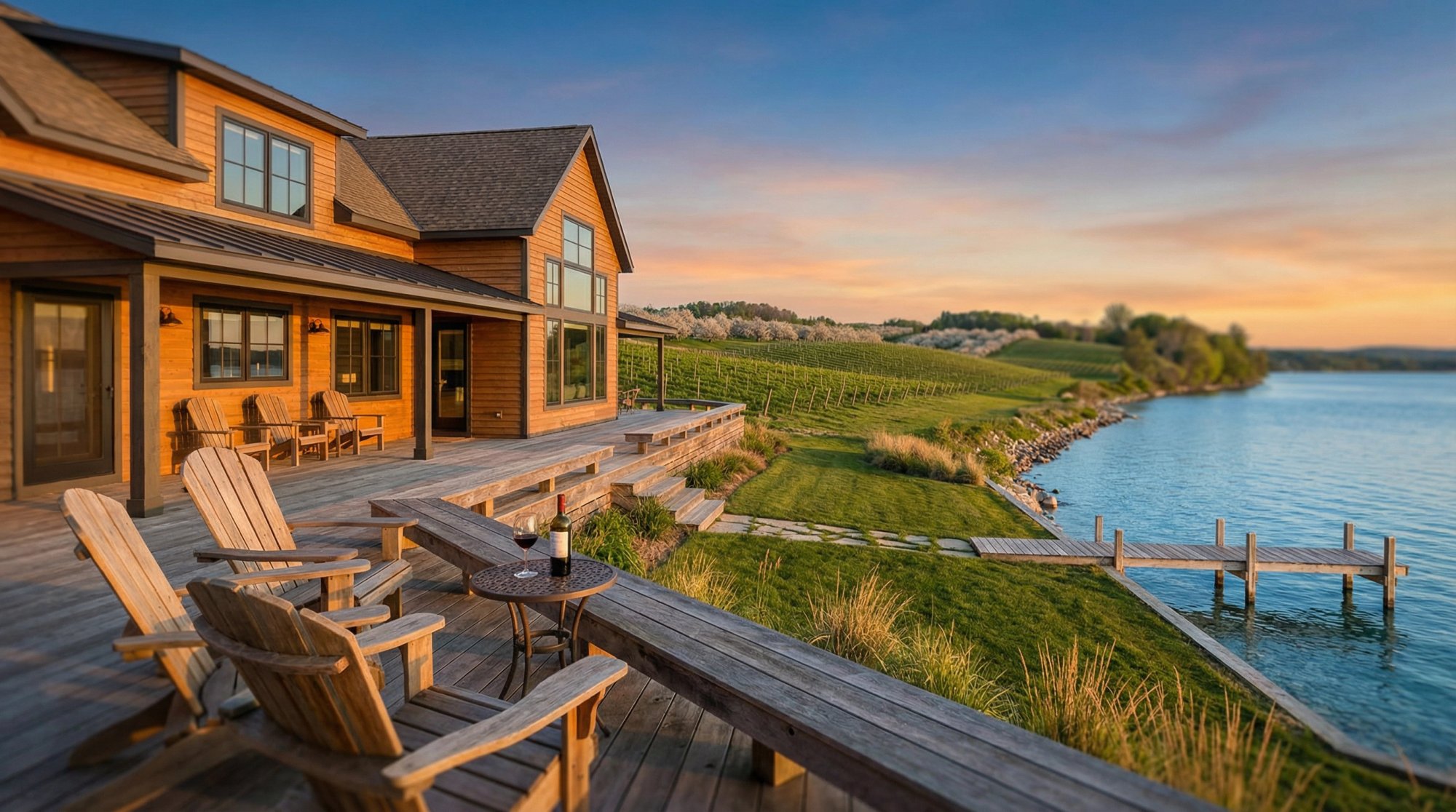 Charming lakefront vacation rental property in Traverse City with vineyard-covered hills and Lake Michigan views