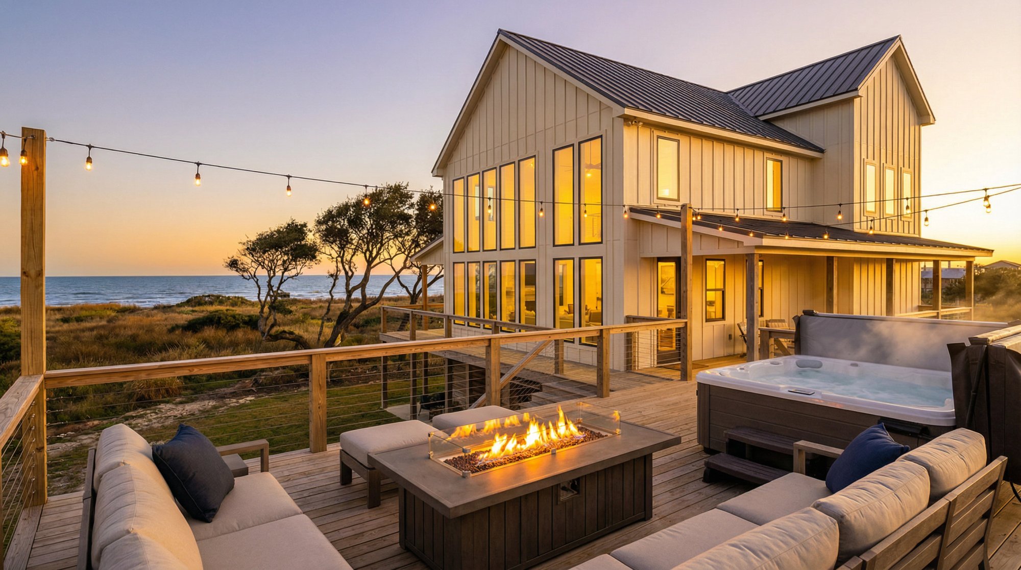 Modern coastal vacation rental home in Freeport, Texas at golden hour, showing premium outdoor living space and Gulf Coast views