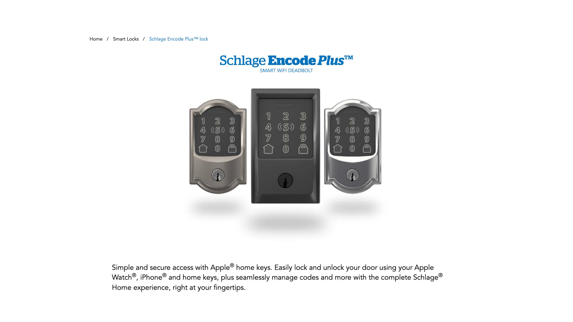 Schlage Encode Plus smart lock product page showing built-in wifi and pricing starting at $329