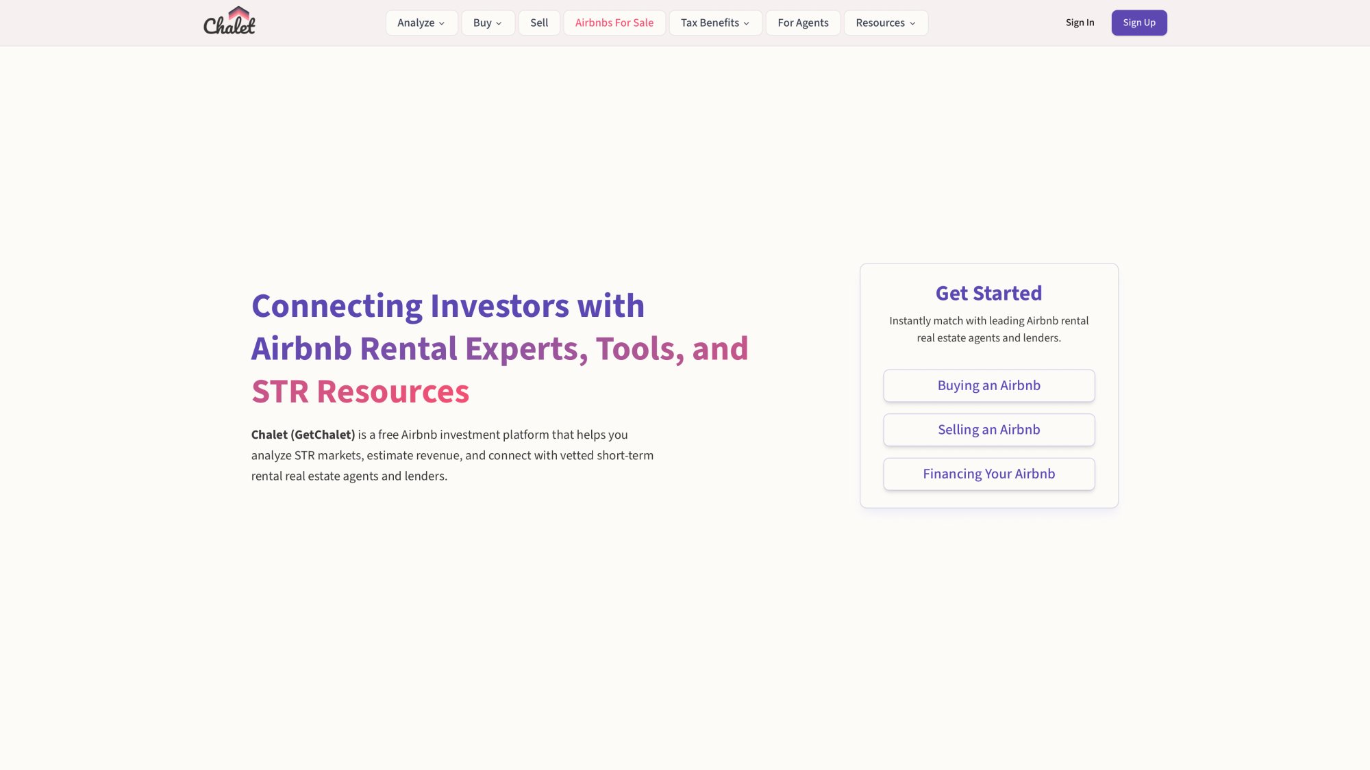 Chalet homepage showing platform overview for short-term rental investors with market analytics and vendor network