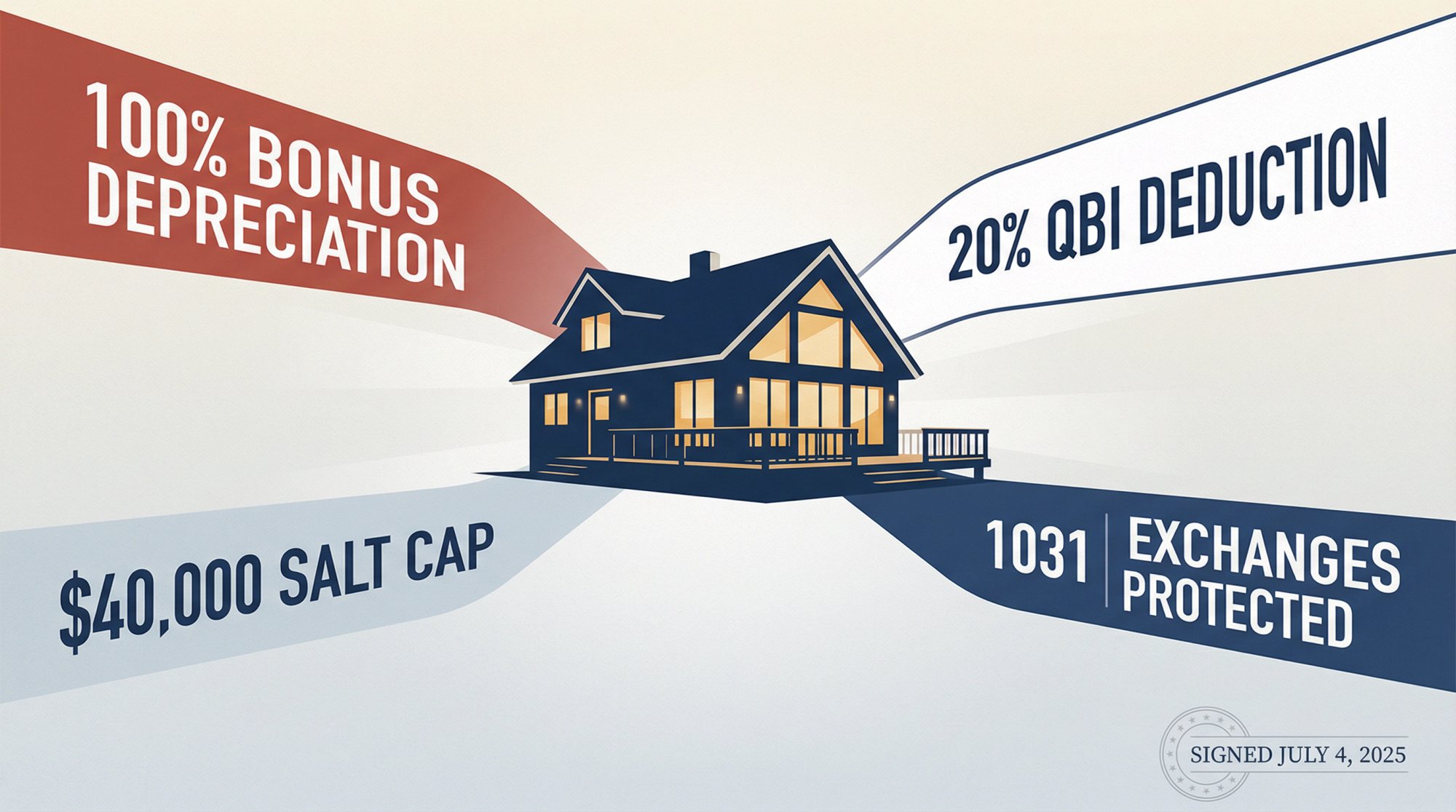 Editorial illustration showing tax benefits flowing to vacation rental properties under Trump's 2025 tax legislation