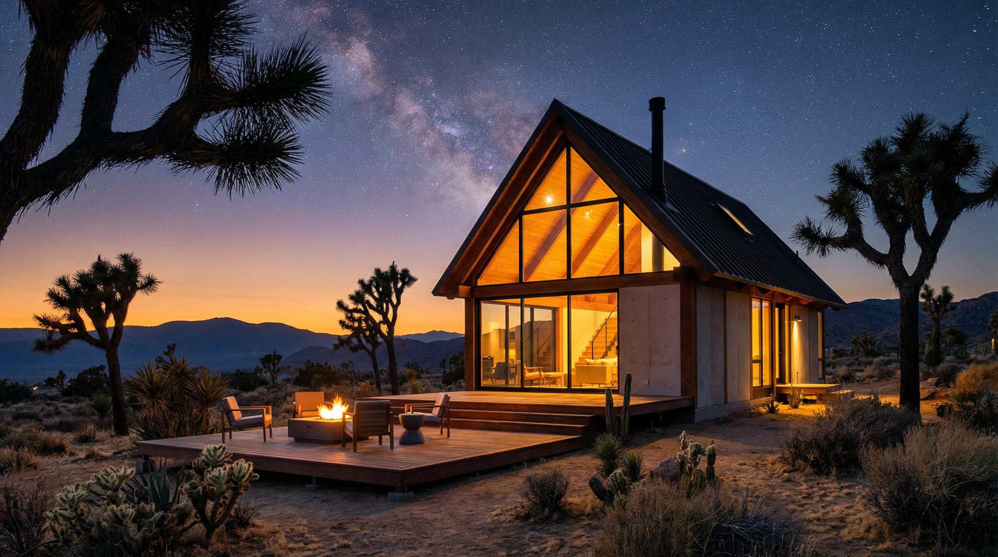 Modern A-frame cabin in Yucca Valley high desert with Joshua trees and starry night sky, showcasing trendy STR aesthetic