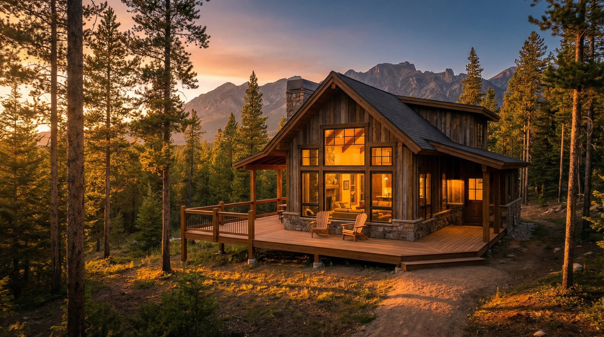Mountain cabin with warm interior lights at golden hour surrounded by pine forest and mountain peaks
