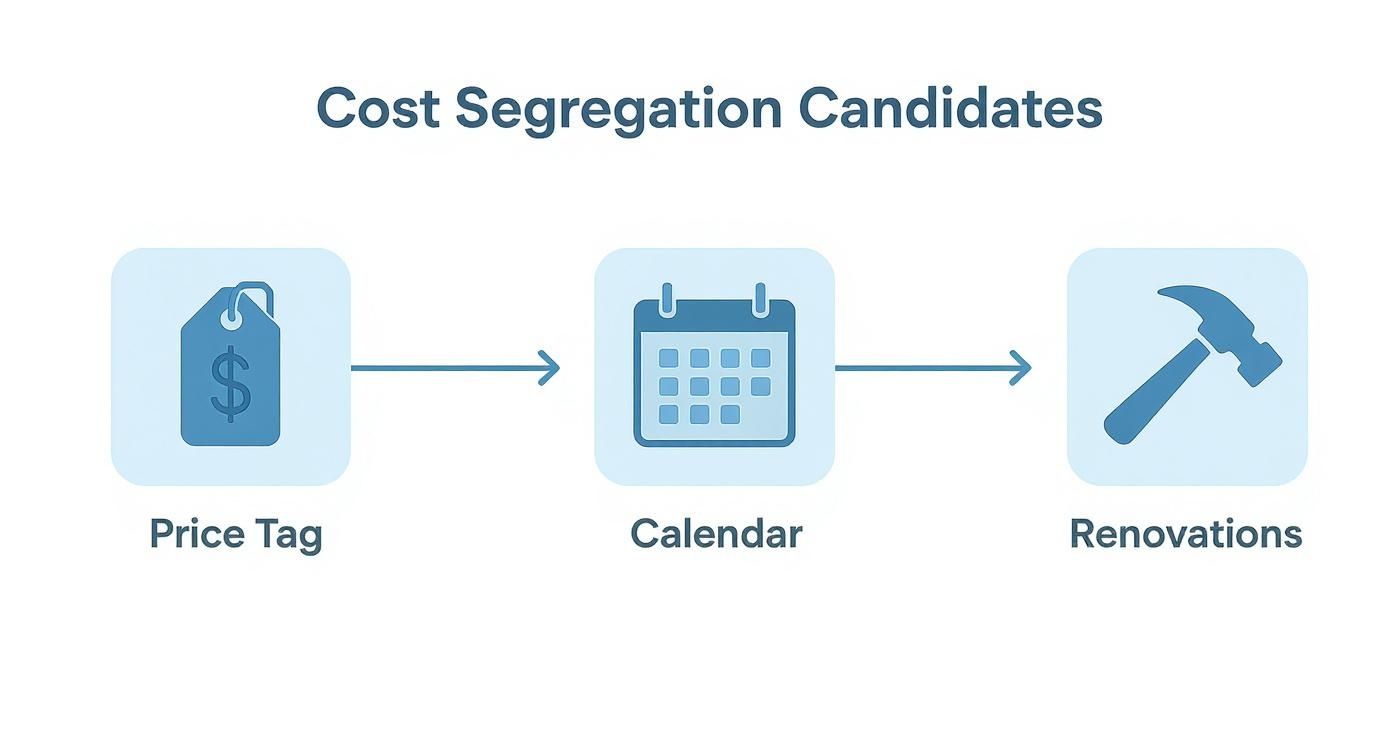 Visualizing cost segregation candidates as a flow from price tag to calendar to renovations.