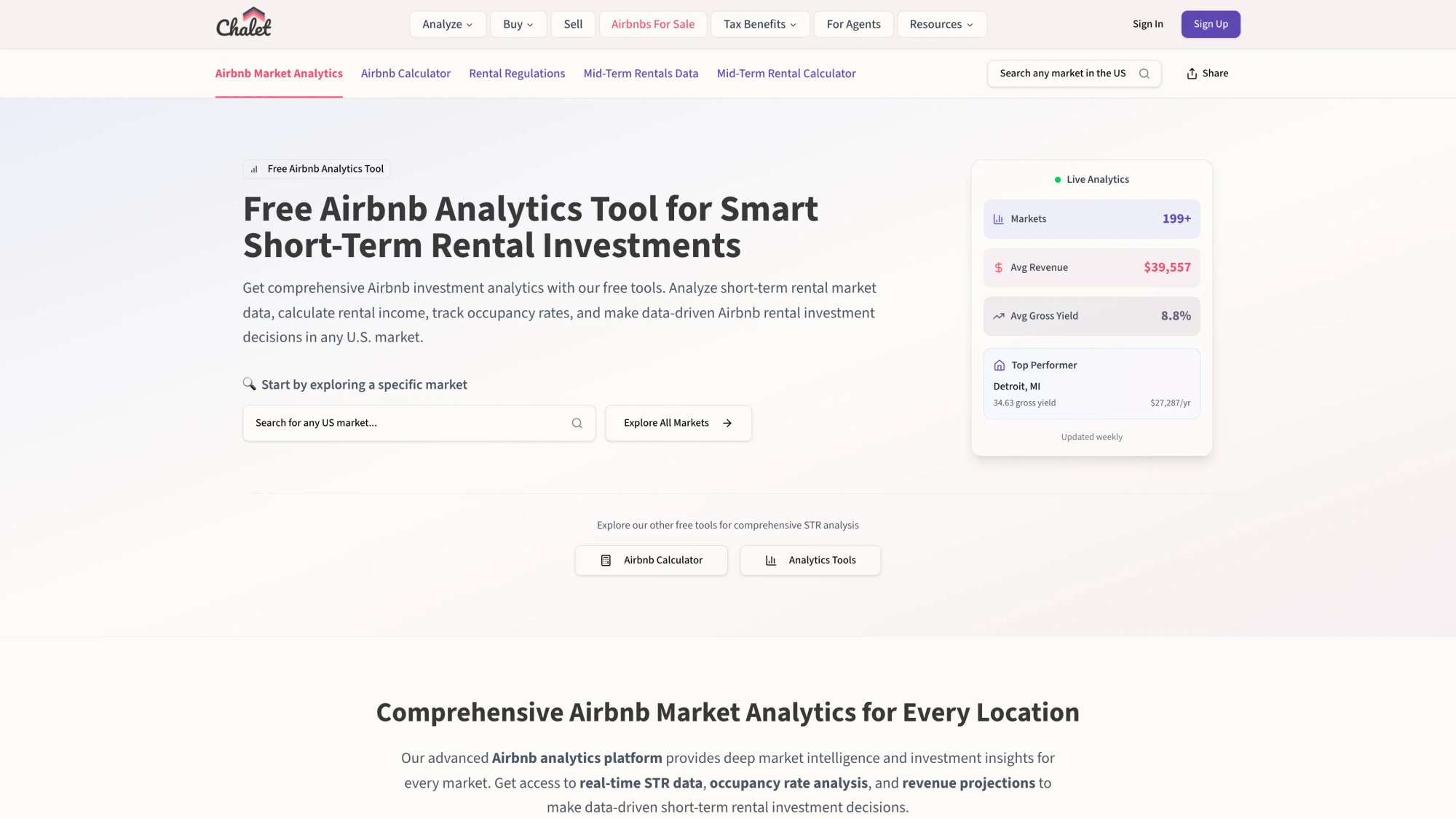 Chalet market analytics dashboard comparing occupancy, ADR, and revenue across cities for in-state vs out-of-state analysis