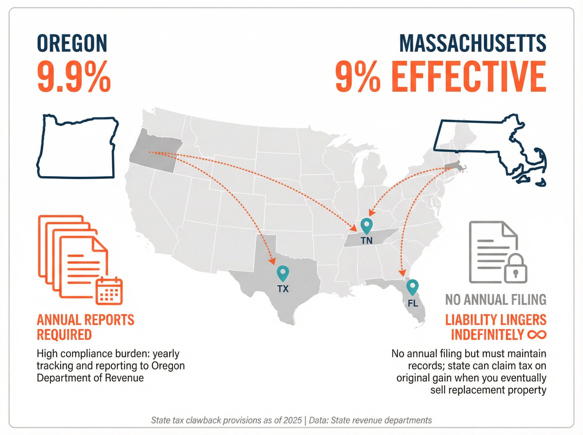 Oregon and Massachusetts clawback provisions showing long-term tax liability and compliance burden for 1031 exchanges