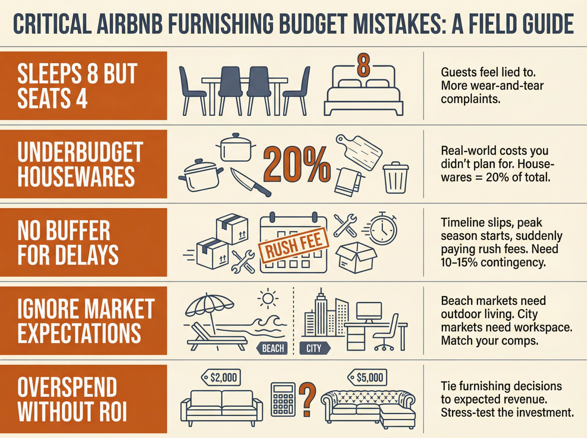 Five common Airbnb furnishing budget mistakes illustrated as warning labels with real-world consequences