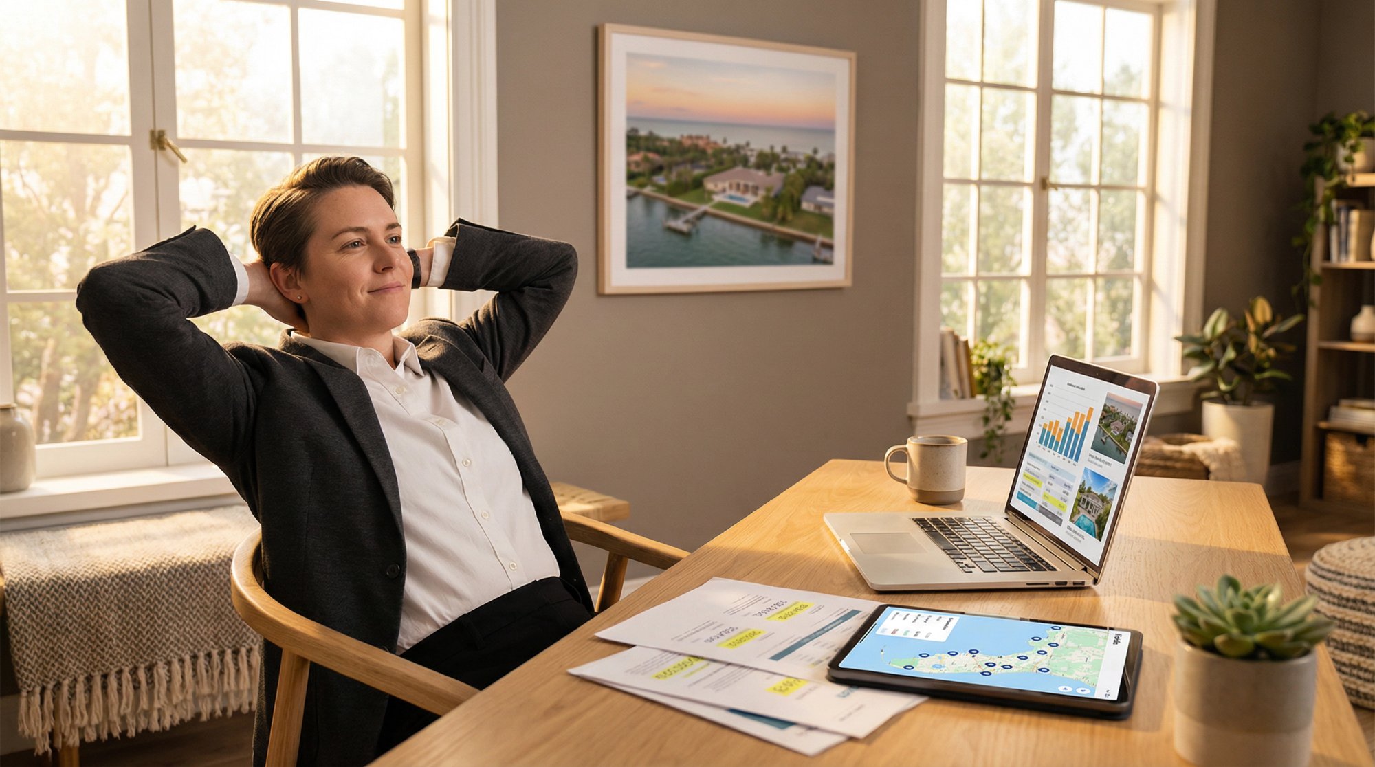 Real estate investor reviewing Florida vacation rental strategy with confidence after comprehensive market research