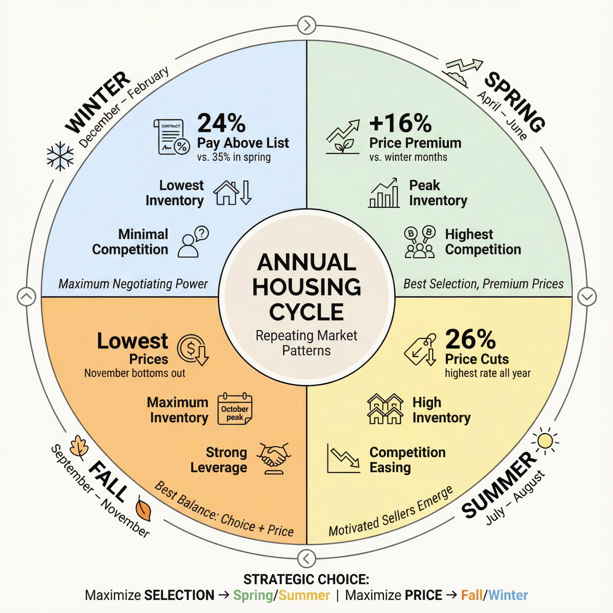 Annual housing market cycle showing price patterns, inventory levels, and buyer competition across spring, summer, fall, and winter seasons