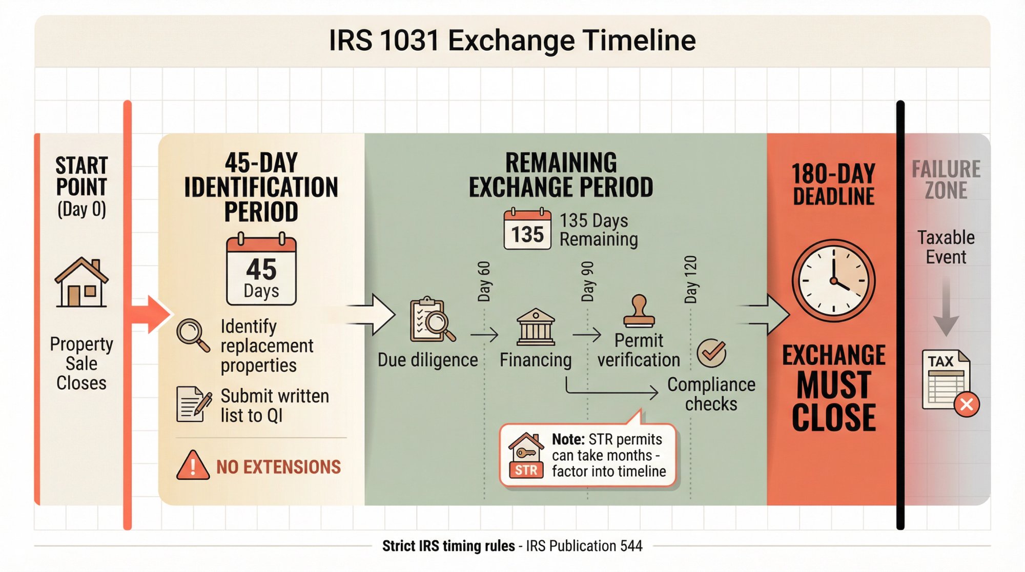 Visual timeline showing IRS 1031 exchange deadlines: 45-day identification period and 180-day exchange period with compliance checkpoints