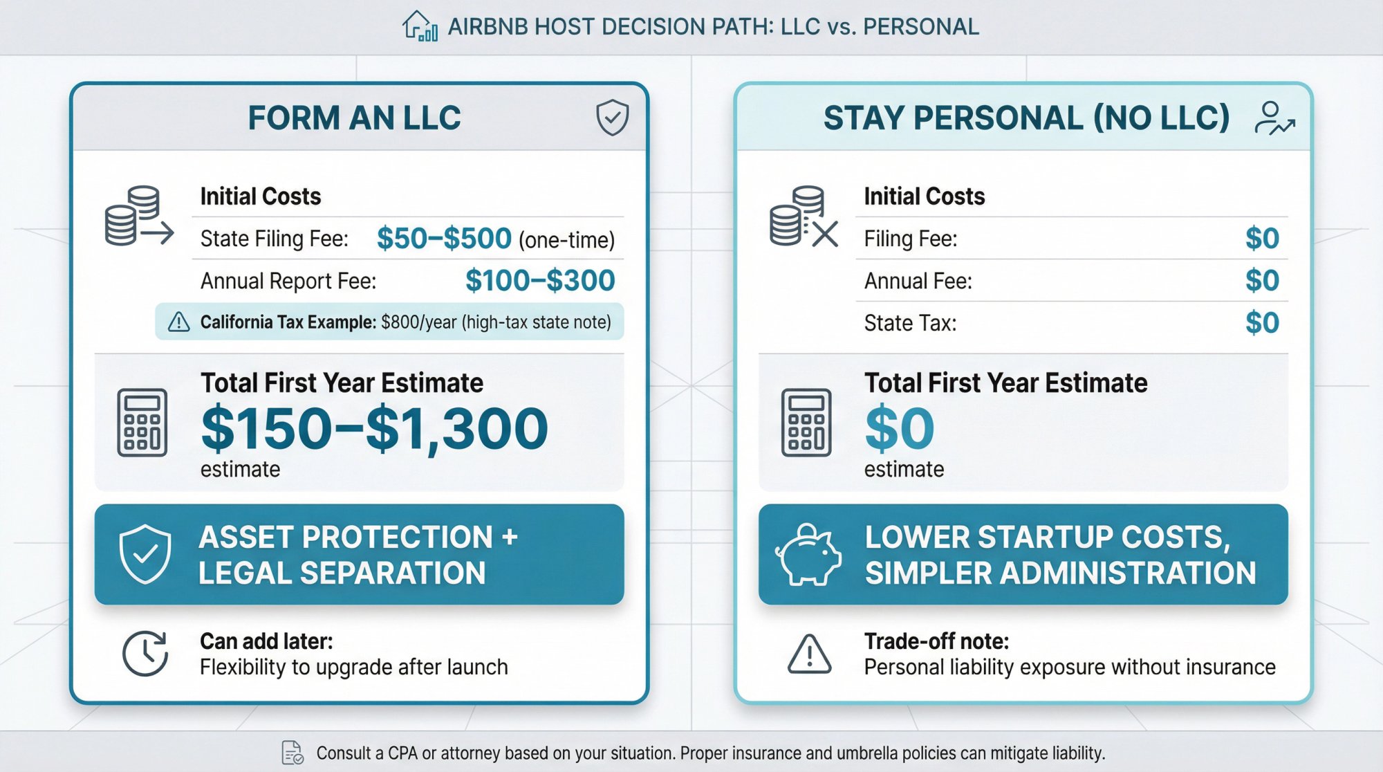 LLC formation cost comparison showing filing fees, annual fees, and state-specific taxes for Airbnb businesses