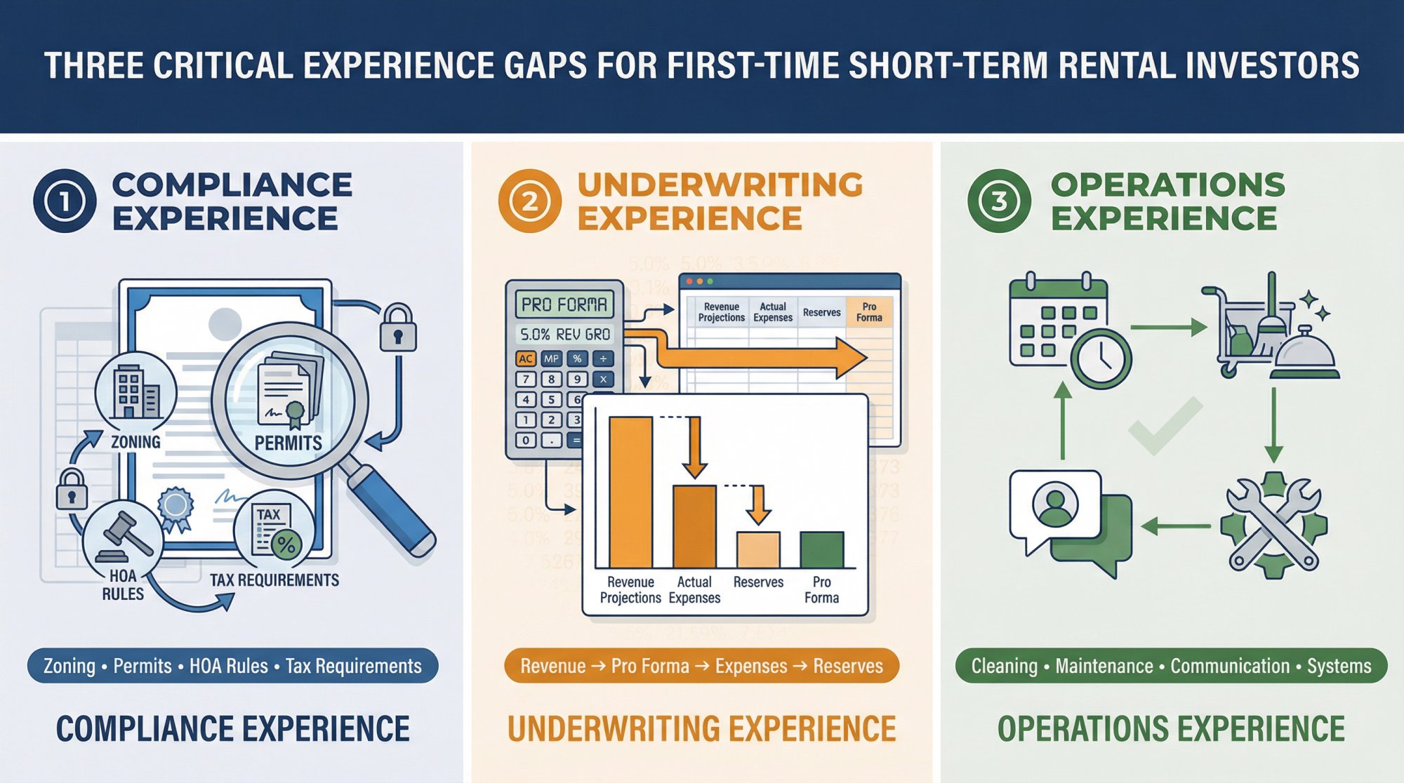 Three critical experience gaps first-time Airbnb buyers face: compliance, underwriting, and operations knowledge
