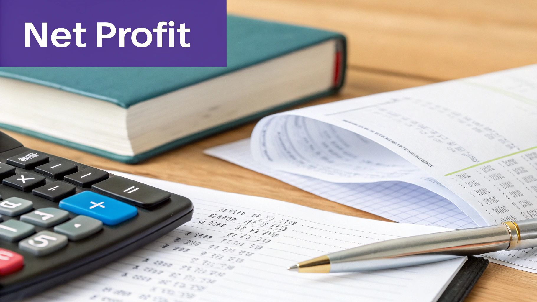 An organized home office desk with a laptop, calculator, and neatly arranged financial documents, symbolizing profit calculation.