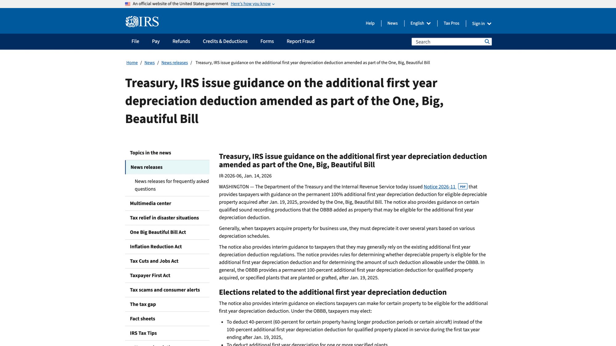 IRS official guidance page announcing permanent 100% bonus depreciation under One Big Beautiful Bill Act