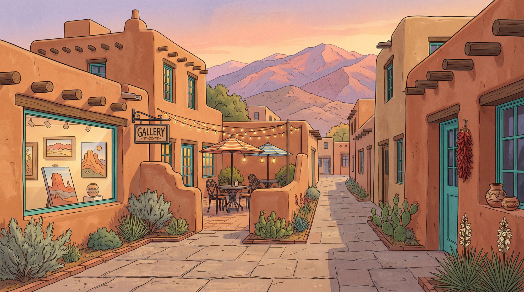Santa Fe adobe architecture with art galleries and mountain views representing year-round cultural tourism appeal
