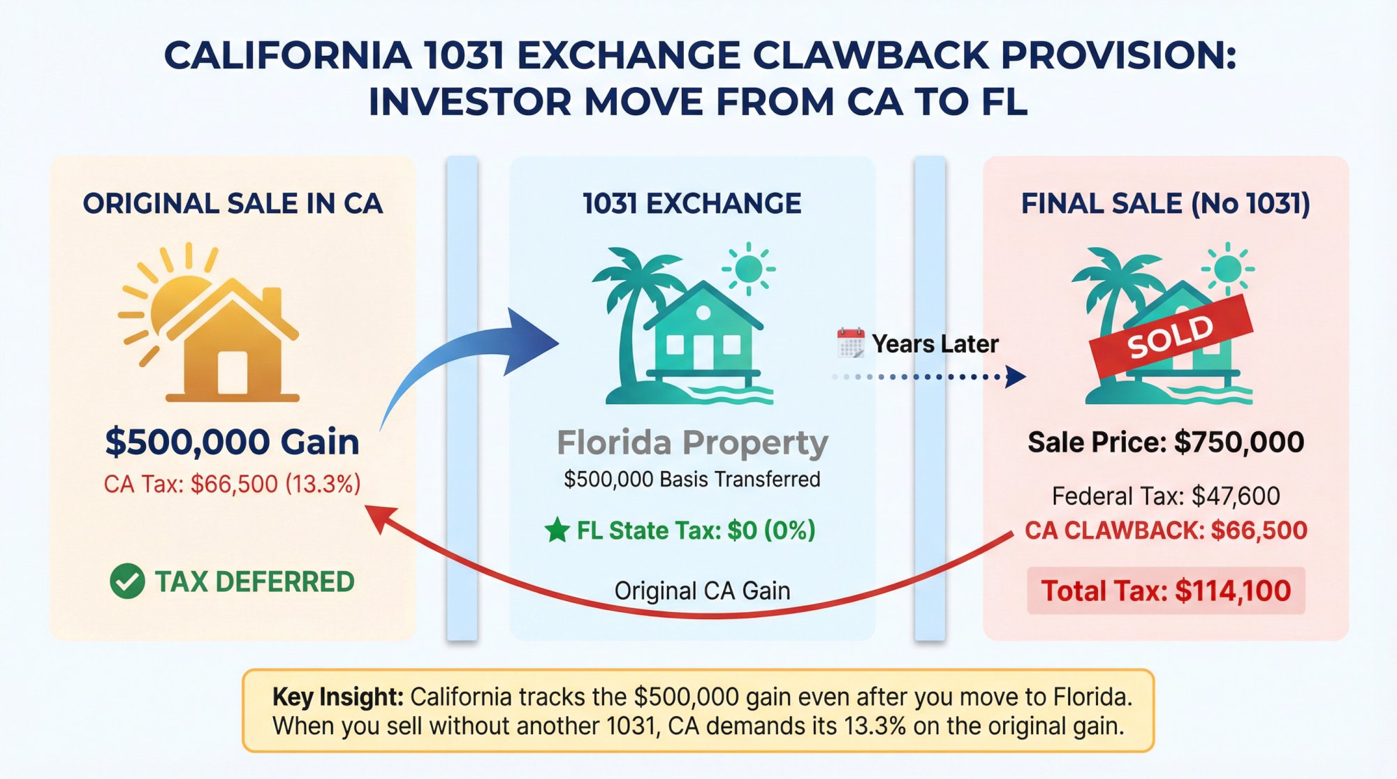 Diagram showing California's clawback tax mechanism when exchanging from CA to FL property
