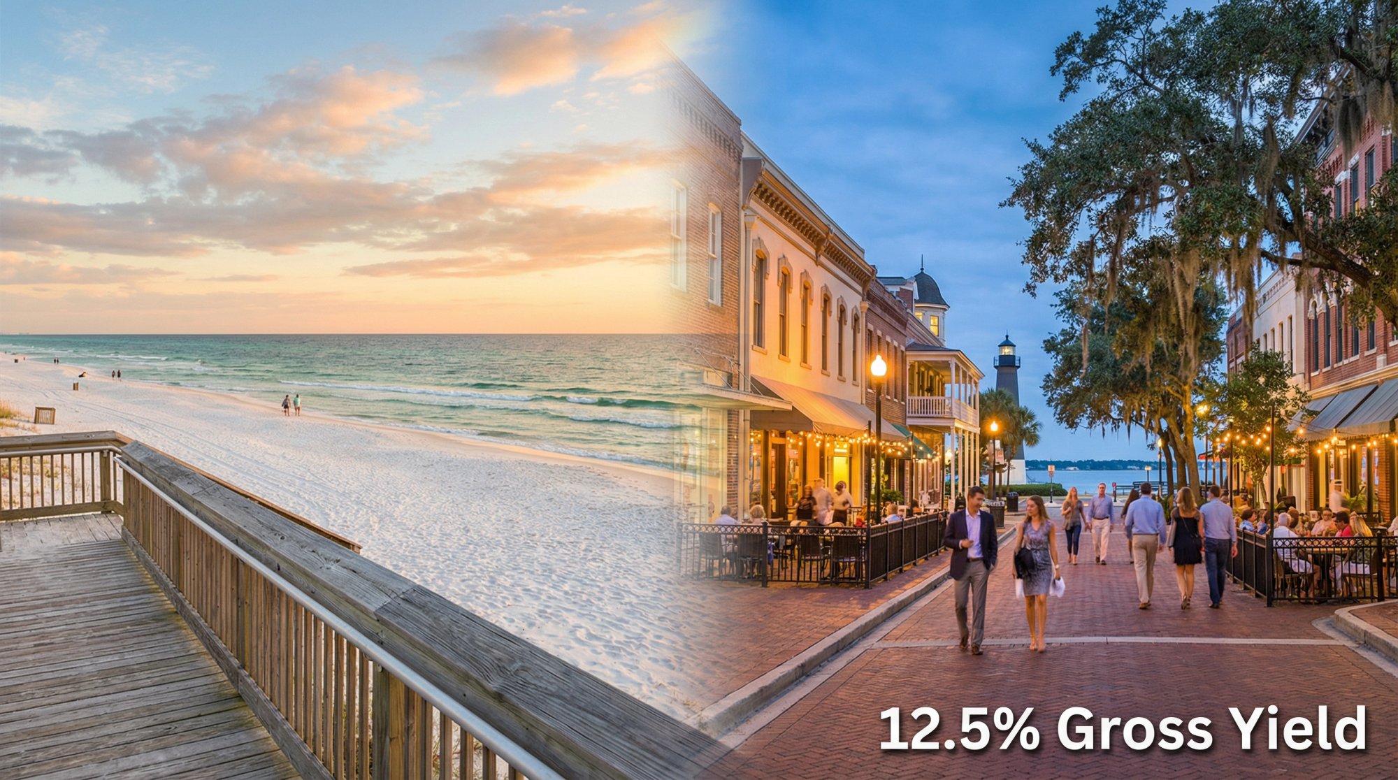 Pensacola's pristine white-sand beach meets historic downtown waterfront, showcasing the Gulf Coast market's hidden value