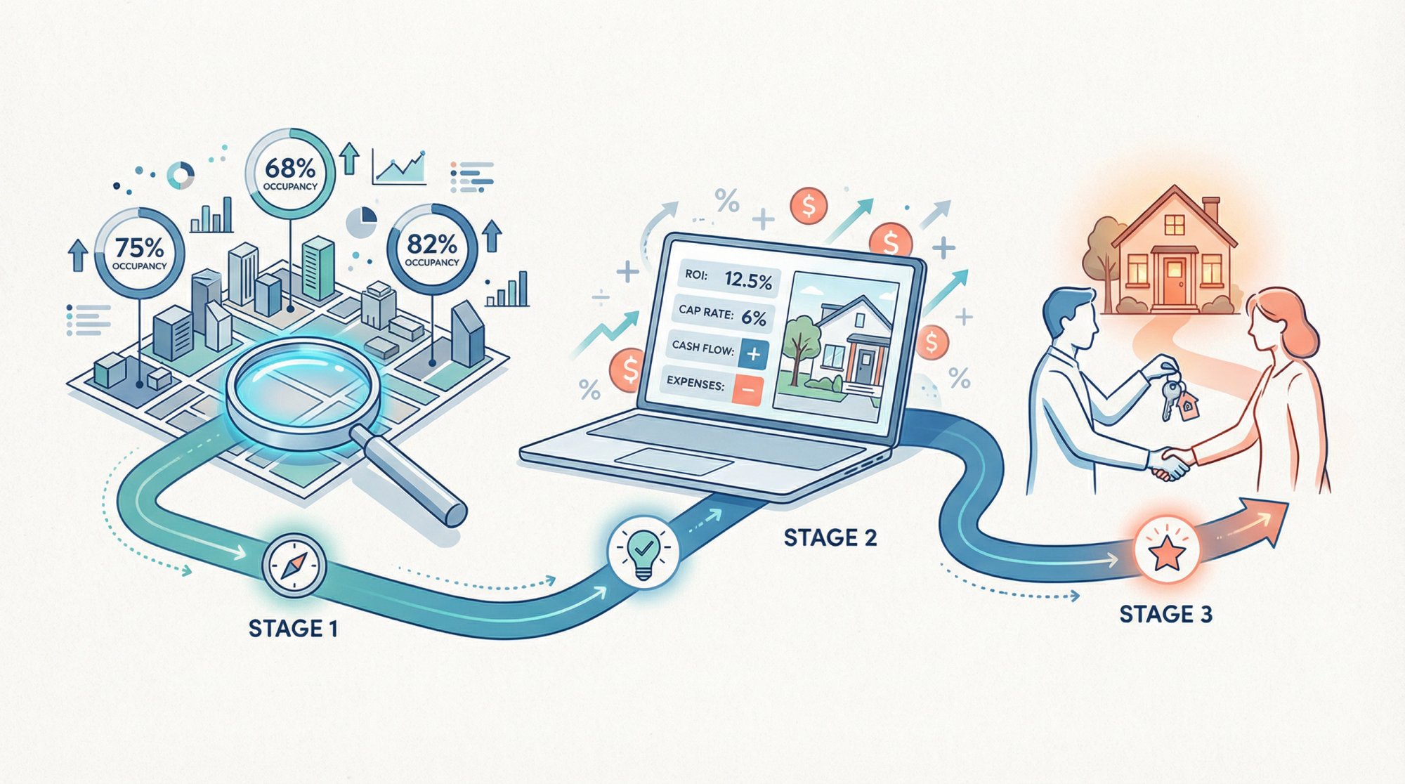 Illustrated roadmap showing the journey from occupancy data research to smart STR investment decisions