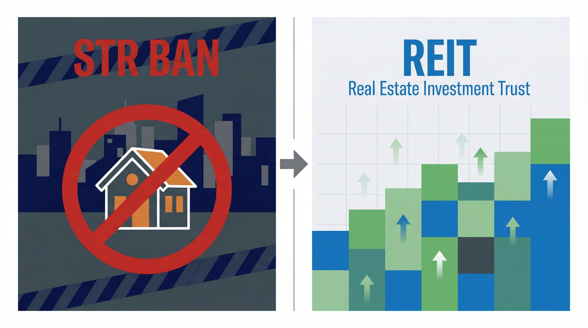 Split illustration showing STR regulatory ban risk on left versus passive REIT investment alternatives on right