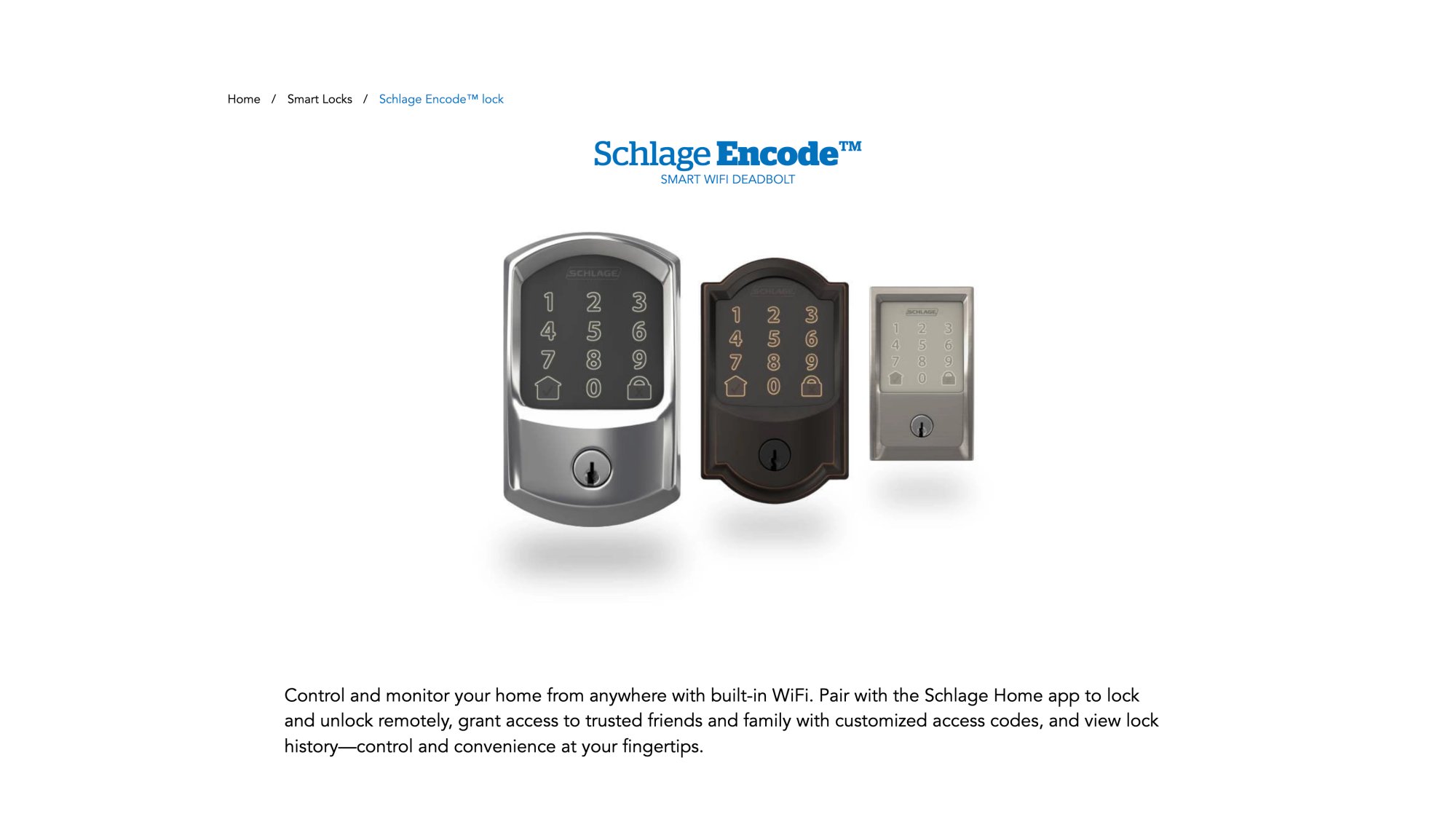 Schlage Encode smart lock product page with keypad codes and remote management starting at $299