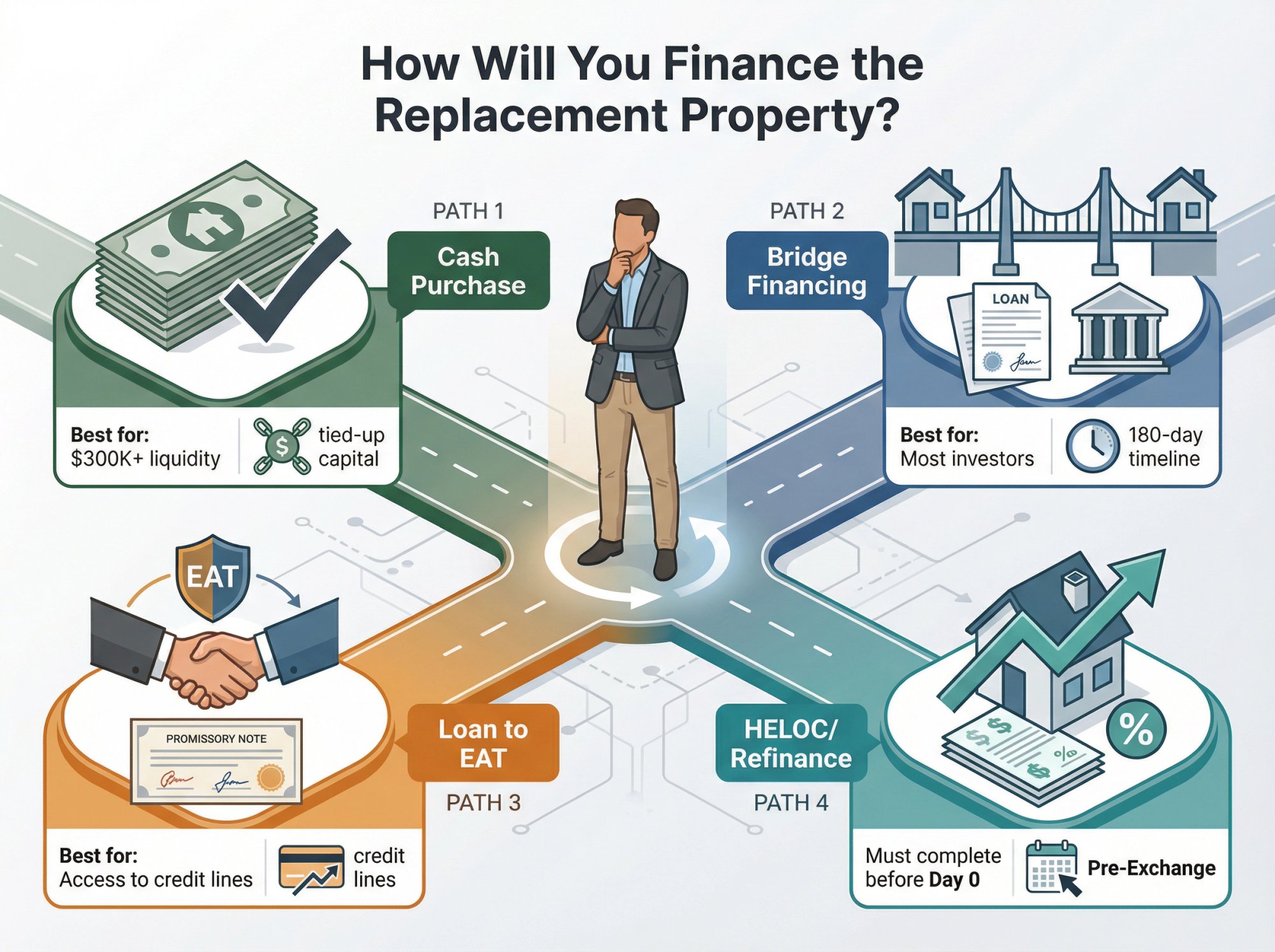 Four financing pathways for reverse 1031 exchanges showing cash purchase, bridge financing, EAT loans, and HELOC options