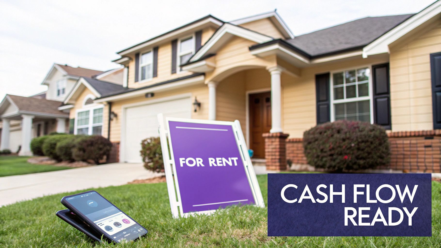 Suburban house with a 'FOR RENT' sign and smartphone, signifying a cash flow ready rental property investment.
