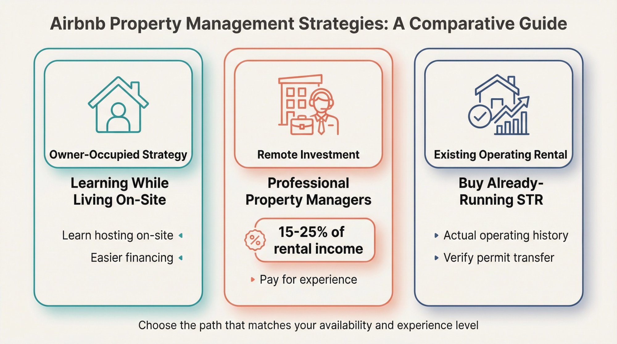 Three Airbnb management strategies compared: owner-occupied, remote with property manager, and buying existing rental
