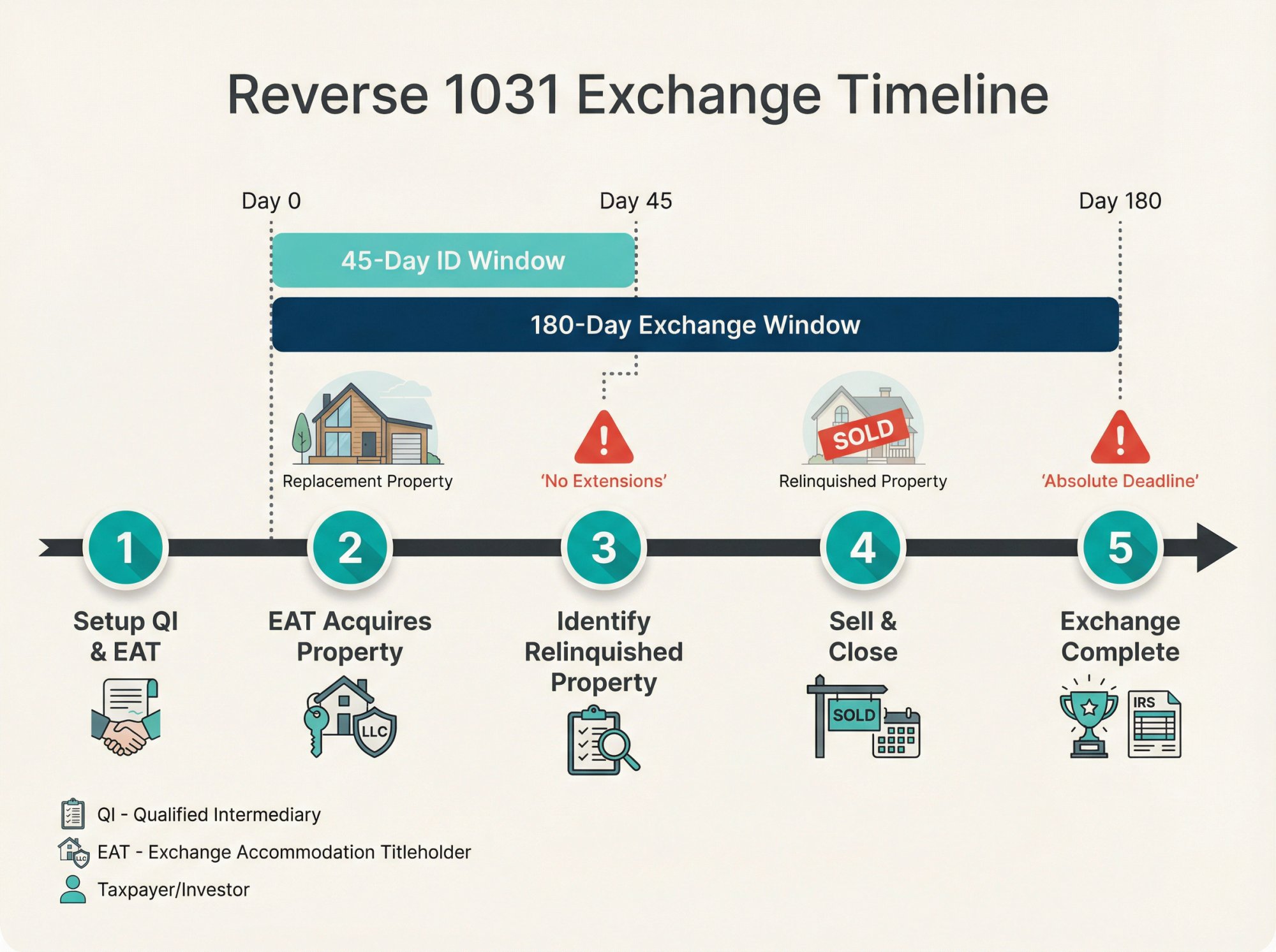 5-step reverse 1031 exchange timeline showing 45-day identification and 180-day completion windows