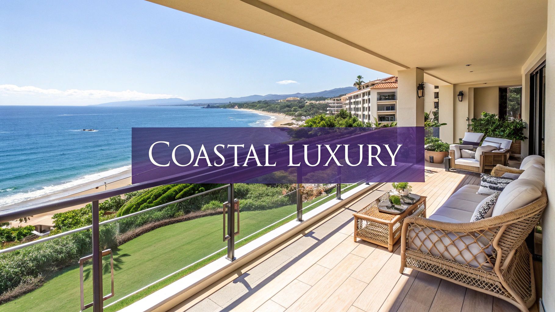 A luxurious coastal balcony with comfortable outdoor furniture, offering stunning ocean and beach views.