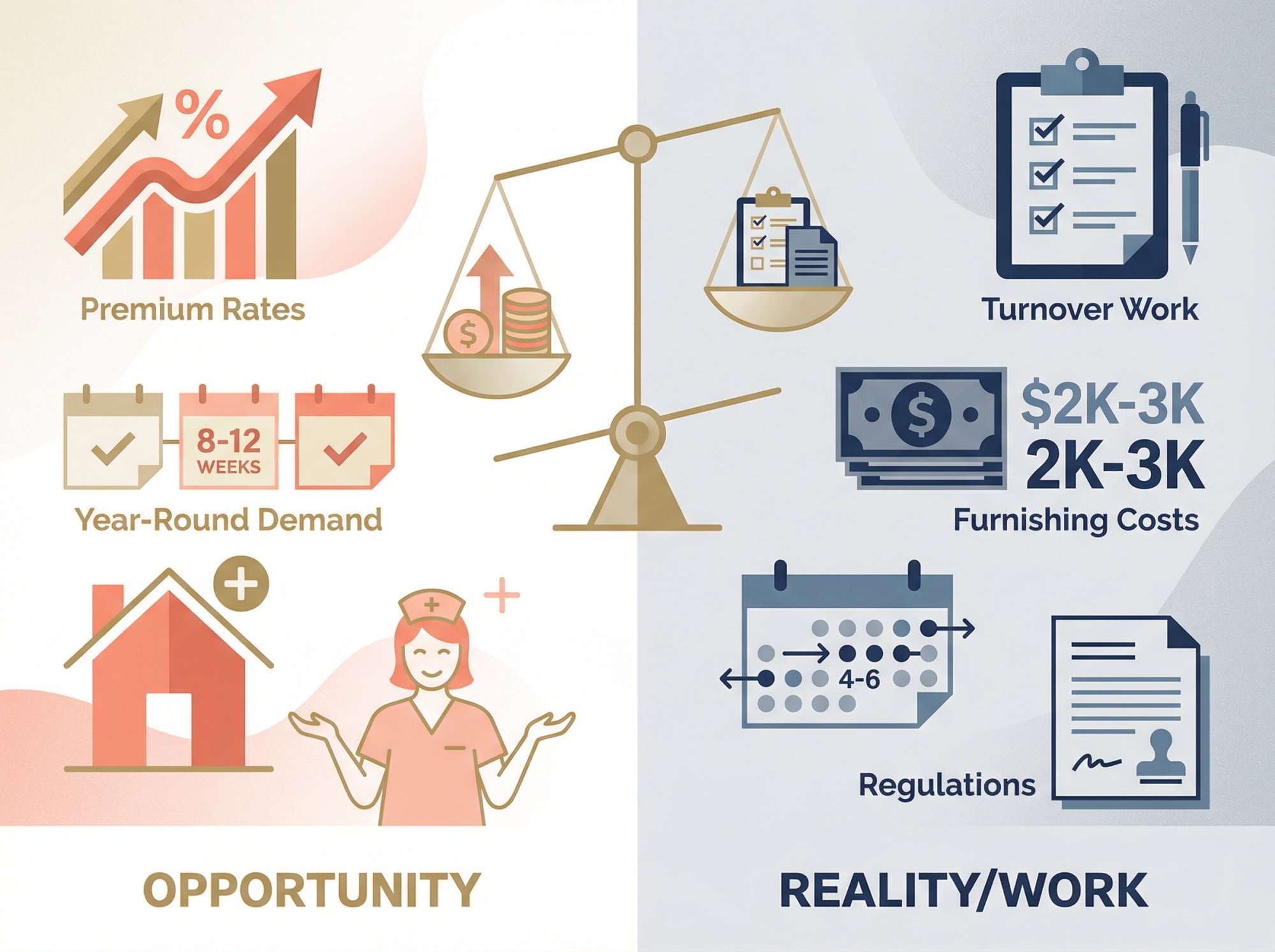 Split editorial illustration showing the balance between travel nurse rental opportunities and realistic operational challenges