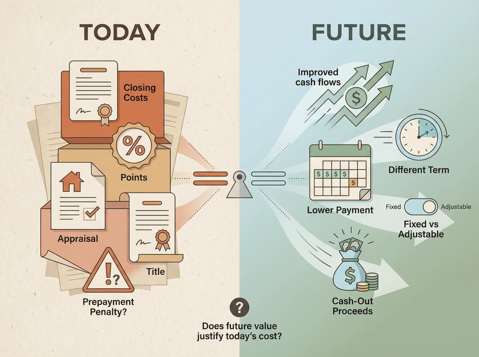 Visual diagram showing refinancing as a balance between upfront costs today and improved future cash flows